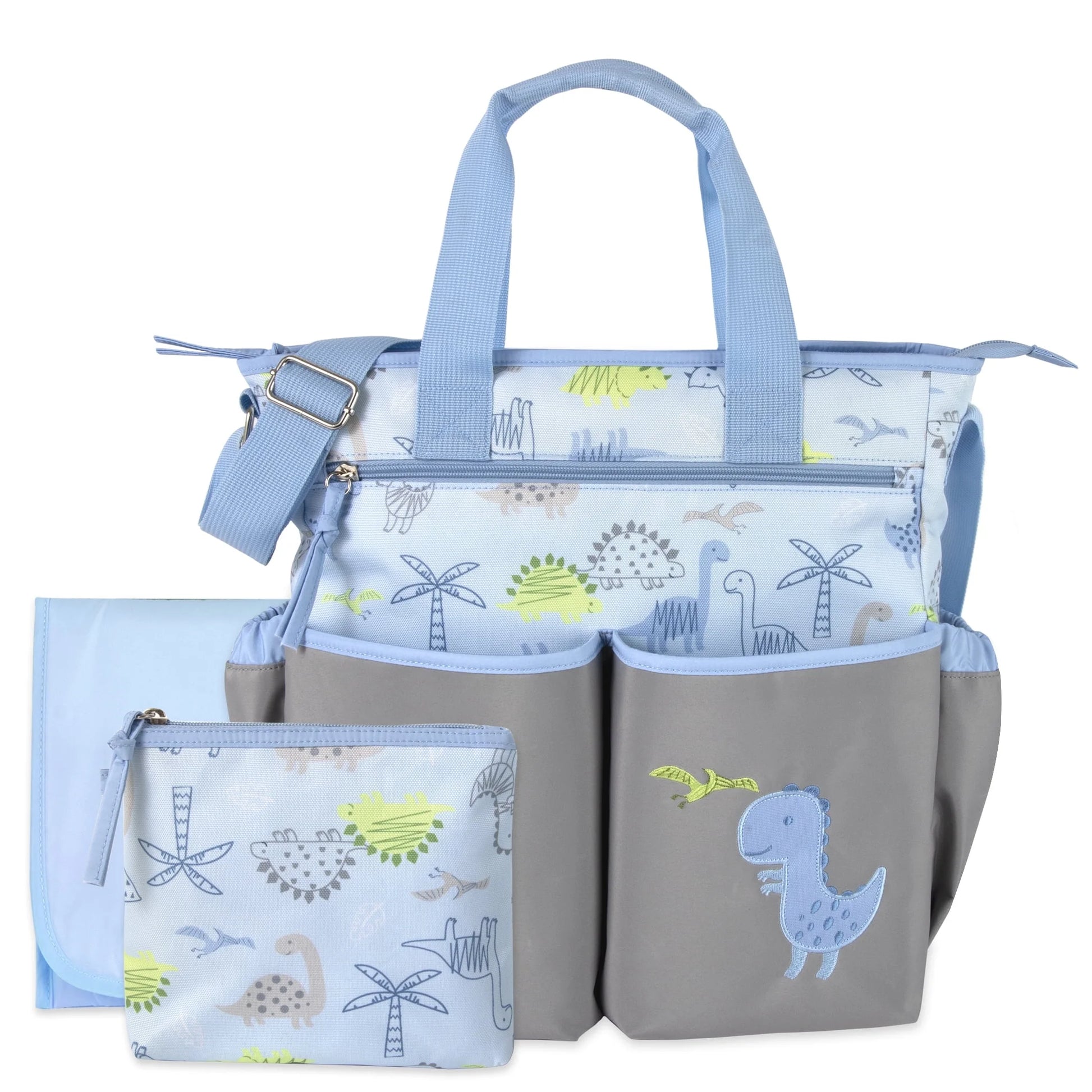 Stylish Blue & Gray Dinosaur Diaper Bag Set - 3-Piece Multi-Pocket Tote with Changing Pad & Pacifier Pouch for Newborns, Infants & Toddlers