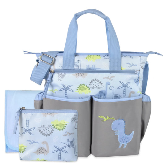 Stylish Blue & Gray Dinosaur Diaper Bag Set - 3-Piece Multi-Pocket Tote with Changing Pad & Pacifier Pouch for Newborns, Infants & Toddlers