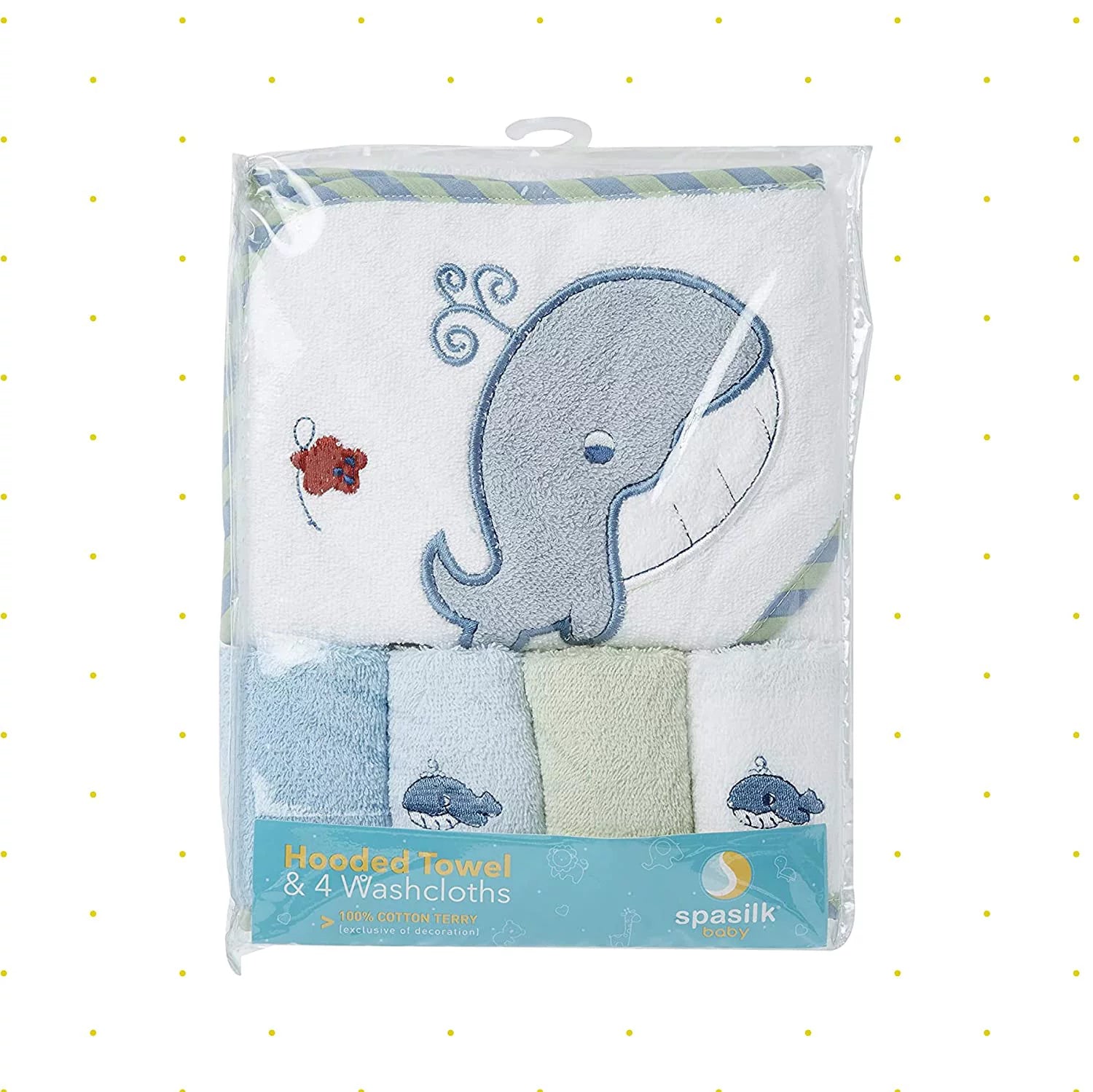 Luxurious Baby Cotton Terry Hooded Towel & Washcloth Set - 5 Piece Bath Essentials in Adorable Blue Whale Design for Newborns and Infants