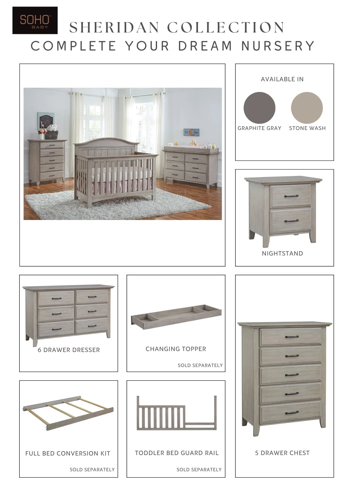 Soho Baby 4-in-1 Convertible Crib- Timeless Finish Stone wash Finish. Grows with Your Little One