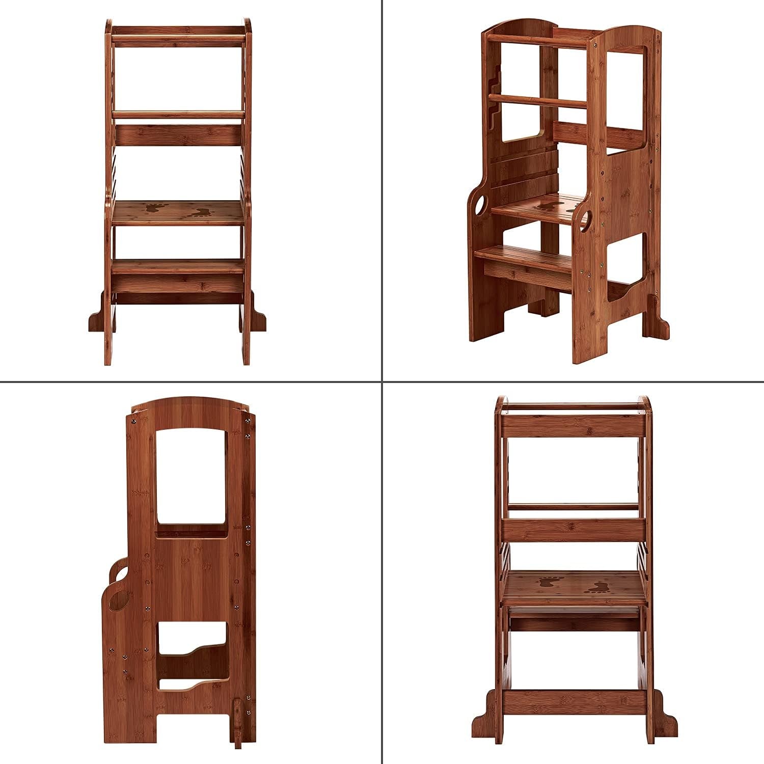 Adjustable Bamboo Step Stool for Toddlers - Safe & Sturdy Kitchen Ladder in Antique Brown