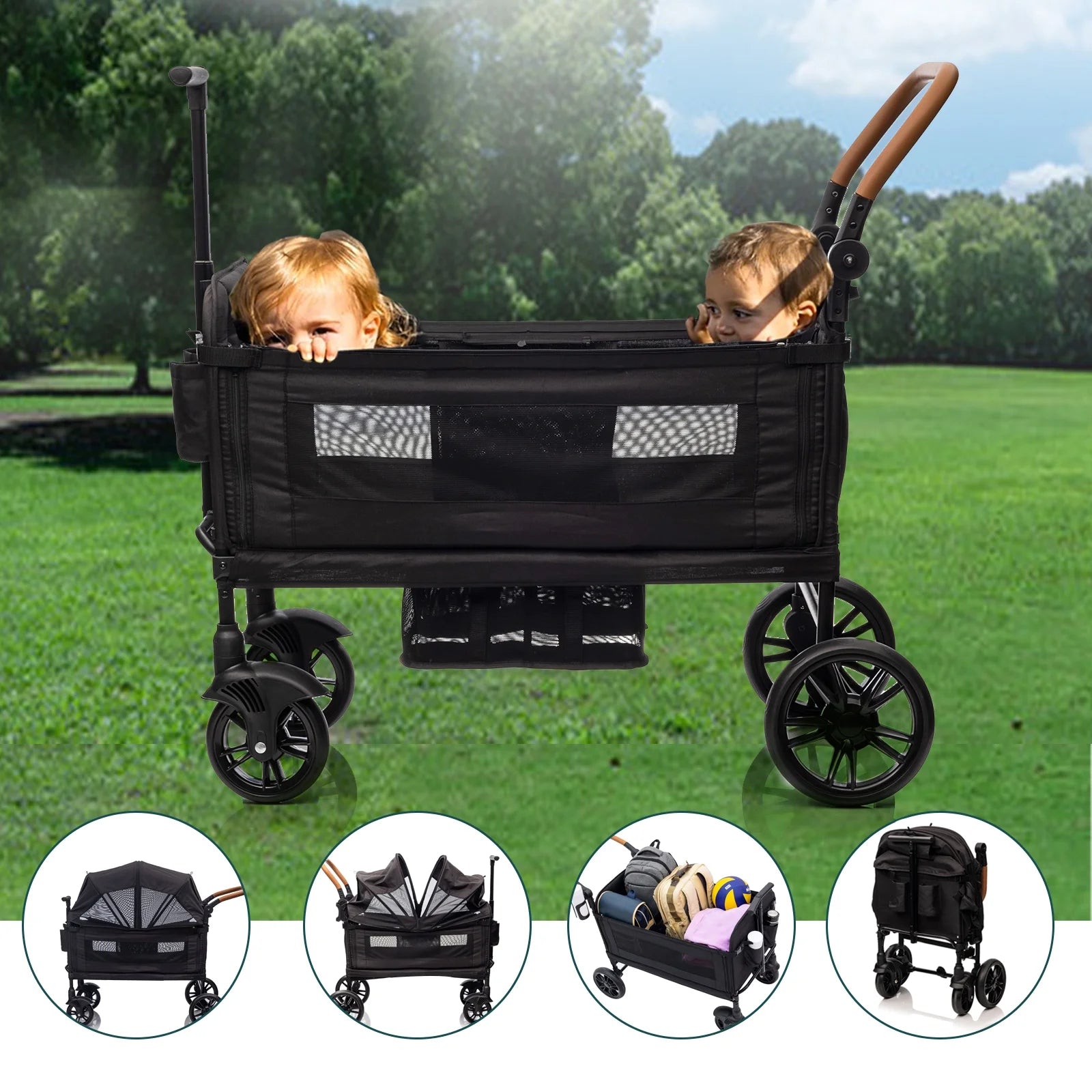 Wagon Stroller for 2 Kids &Toddler with 5-Point Harness,Adjustable Handle Bar and Canopy,Tray Table