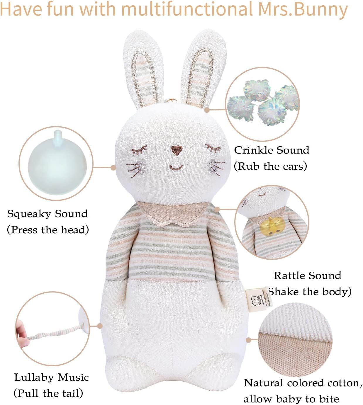 COTTONEBEBE Organic Mrs. Bunny Stuffed Animal with Lullaby Music - Perfect Gift for Infants 0-36 Months, Safe for Boys & Girls