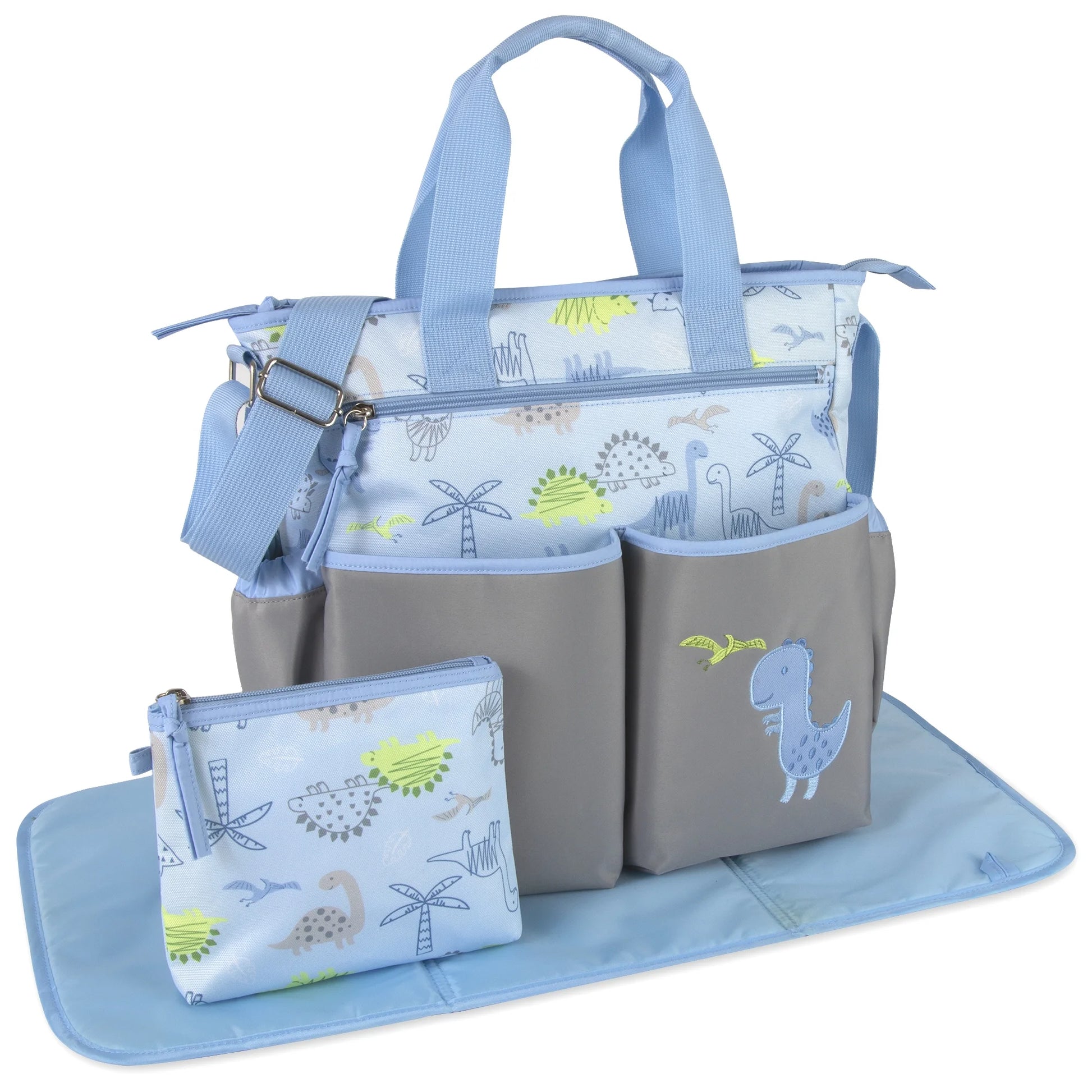 Stylish Blue & Gray Dinosaur Diaper Bag Set - 3-Piece Multi-Pocket Tote with Changing Pad & Pacifier Pouch for Newborns, Infants & Toddlers