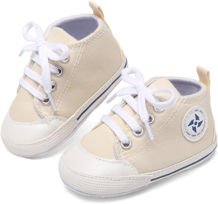 Adorable Baby Boys & Girls Star High Top Sneakers - Soft, Anti-Slip Sole for Newborns & Infants - Stylish Canvas Denim First Walkers (11Cm, A-Beige, 0 Months)