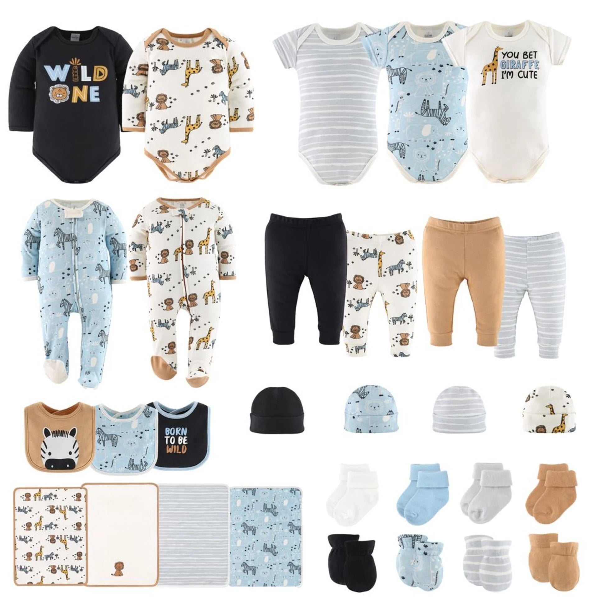 Peanutshell Newborn Layette Gift Set for Baby Boys - Blue Safari, 30 Essential Pieces for 0-3 Months