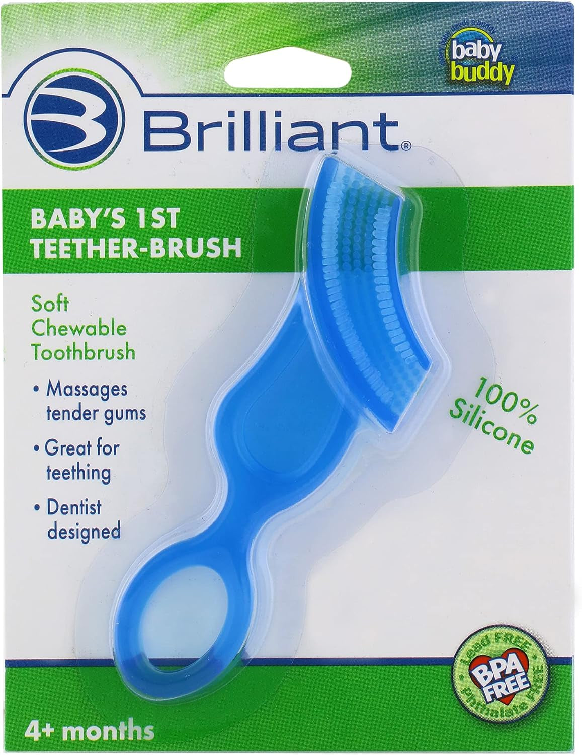 Baby’S First Toothbrush, Smooth Silicone Bristles Gently Clean Tender Teeth and Gums, for Ages 4+ Months, Blue, 1 Pack