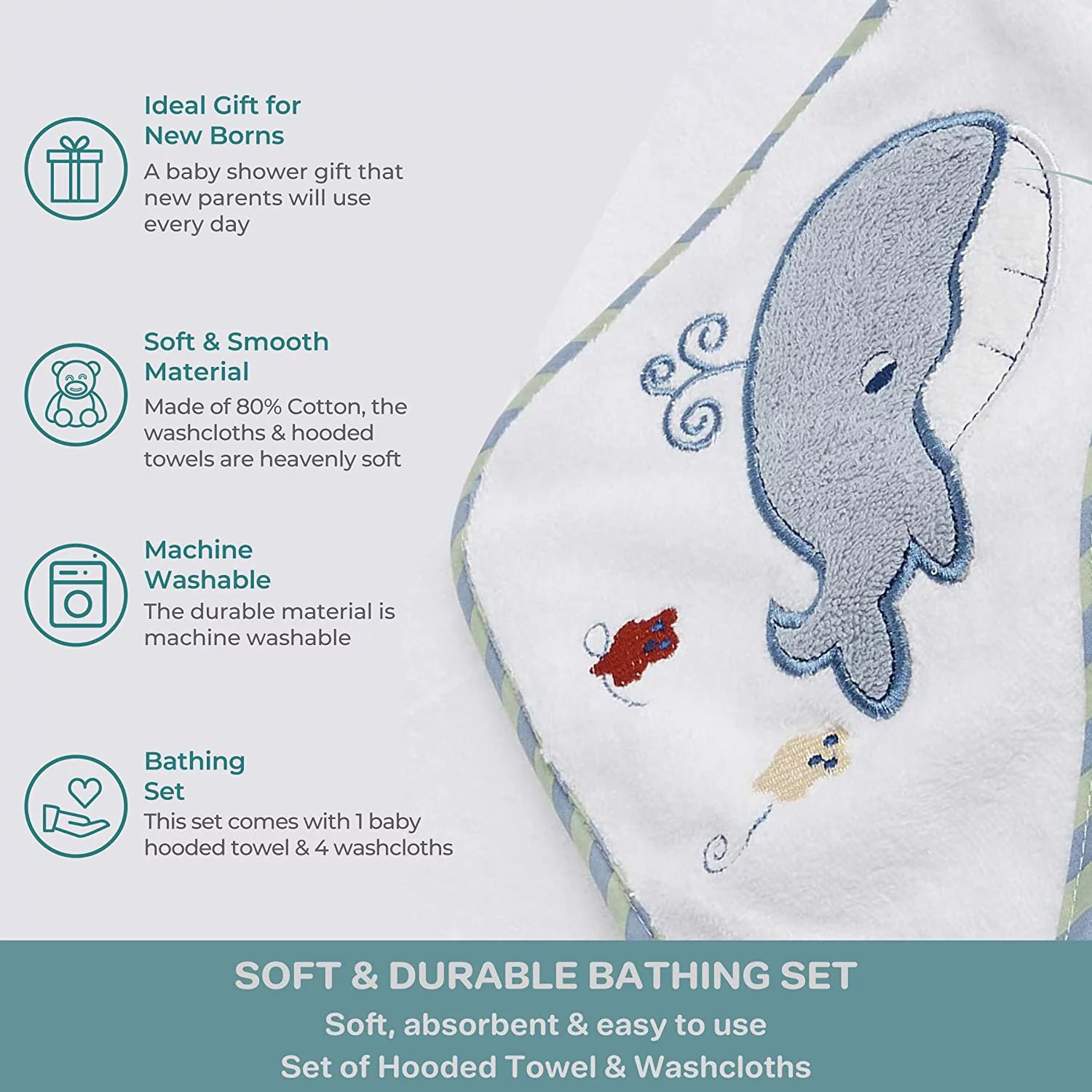 Luxurious Baby Cotton Terry Hooded Towel & Washcloth Set - 5 Piece Bath Essentials in Adorable Blue Whale Design for Newborns and Infants