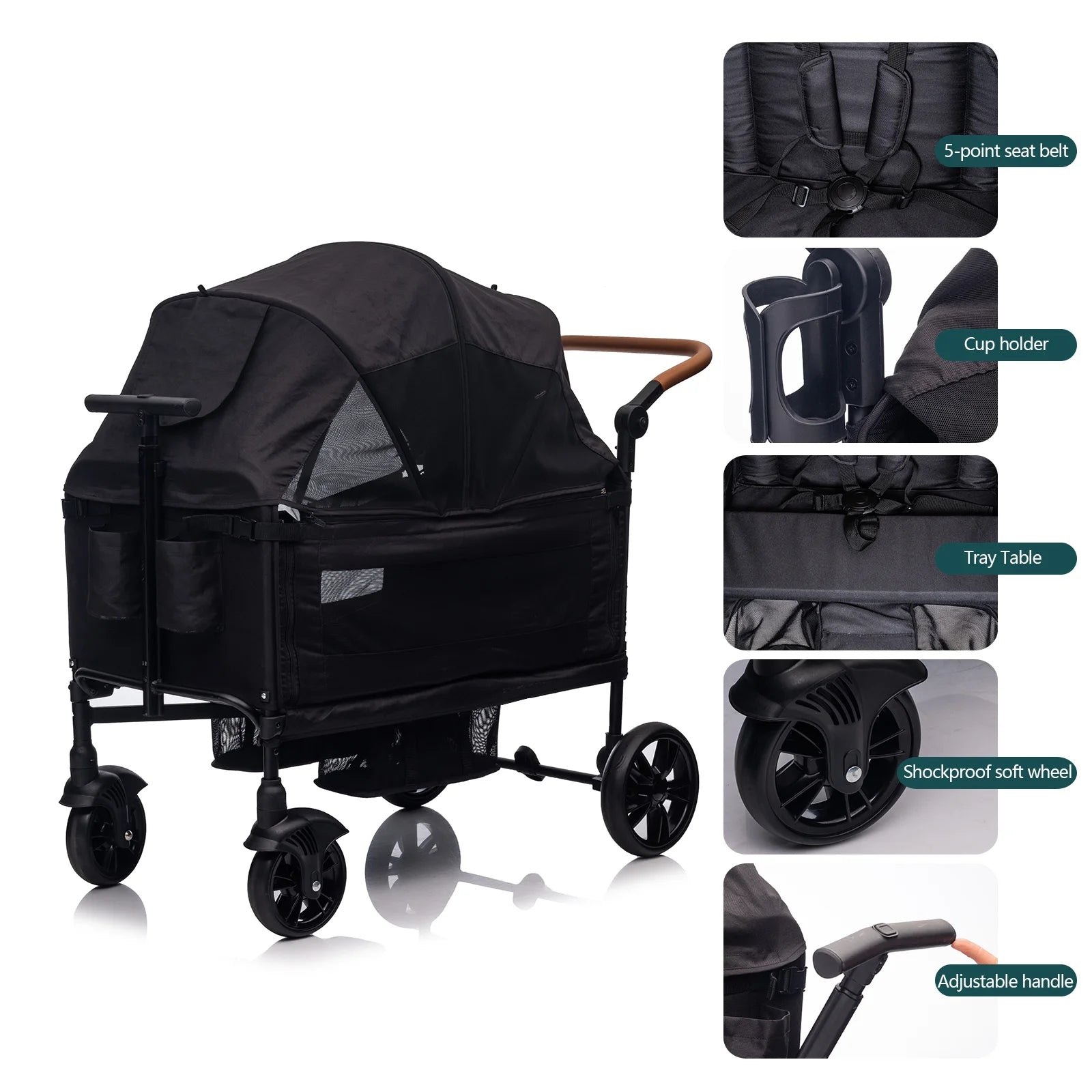 Wagon Stroller for 2 Kids &Toddler with 5-Point Harness,Adjustable Handle Bar and Canopy,Tray Table