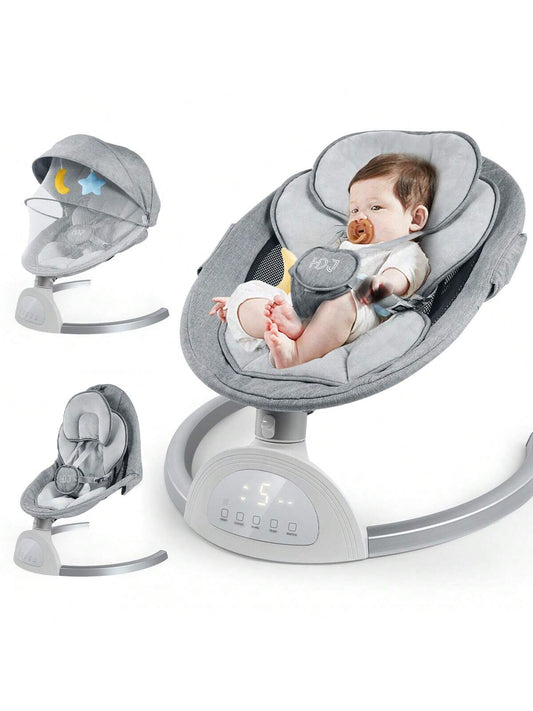 Cozy and Versatile Portable Baby Swing with Music Speaker – Adjustable Seat Positions, 5 Speeds, and 5-Point Harness for Ultimate Safety