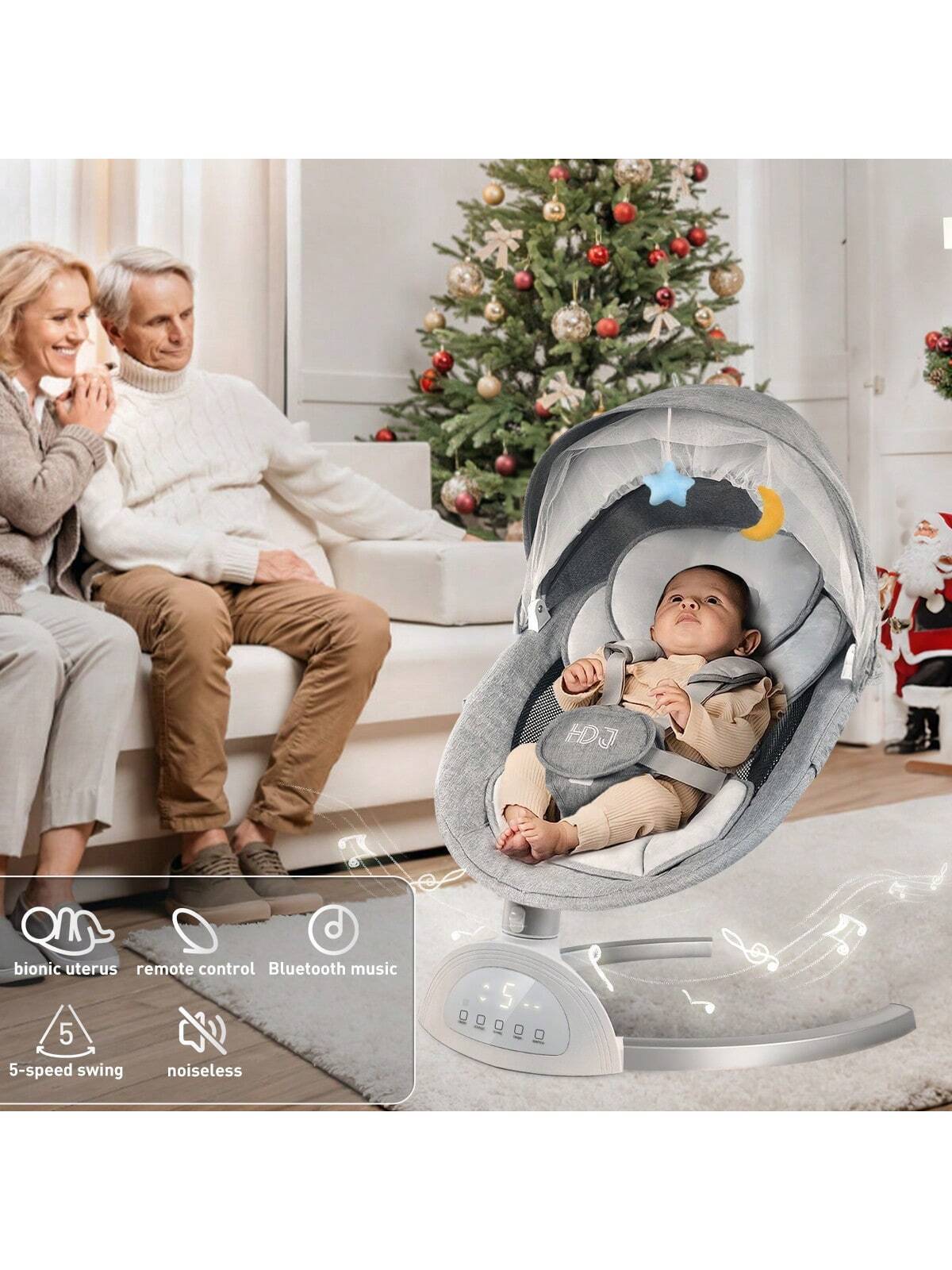 Cozy and Versatile Portable Baby Swing with Music Speaker – Adjustable Seat Positions, 5 Speeds, and 5-Point Harness for Ultimate Safety
