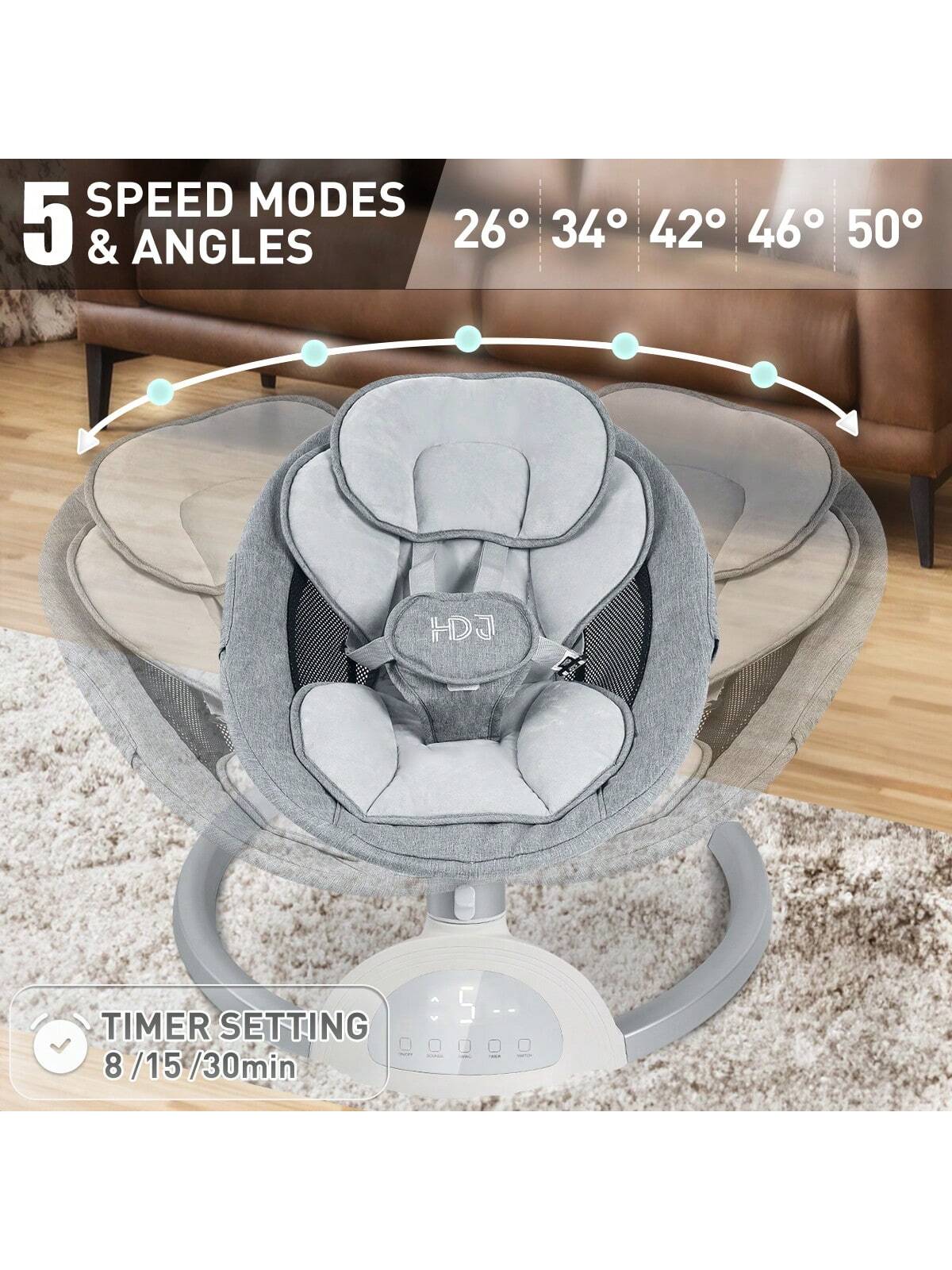 Cozy and Versatile Portable Baby Swing with Music Speaker – Adjustable Seat Positions, 5 Speeds, and 5-Point Harness for Ultimate Safety