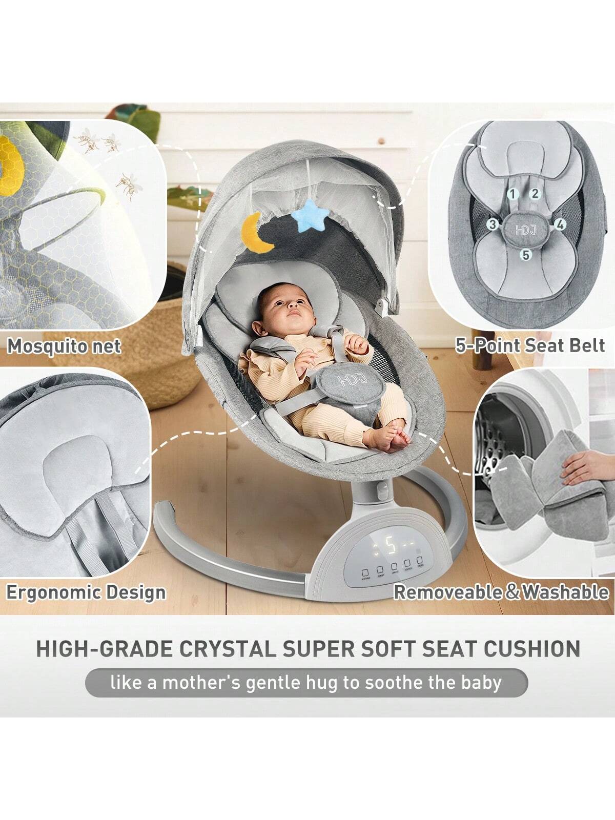 Cozy and Versatile Portable Baby Swing with Music Speaker – Adjustable Seat Positions, 5 Speeds, and 5-Point Harness for Ultimate Safety