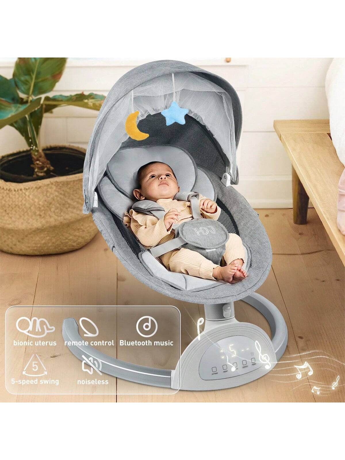 Cozy and Versatile Portable Baby Swing with Music Speaker – Adjustable Seat Positions, 5 Speeds, and 5-Point Harness for Ultimate Safety