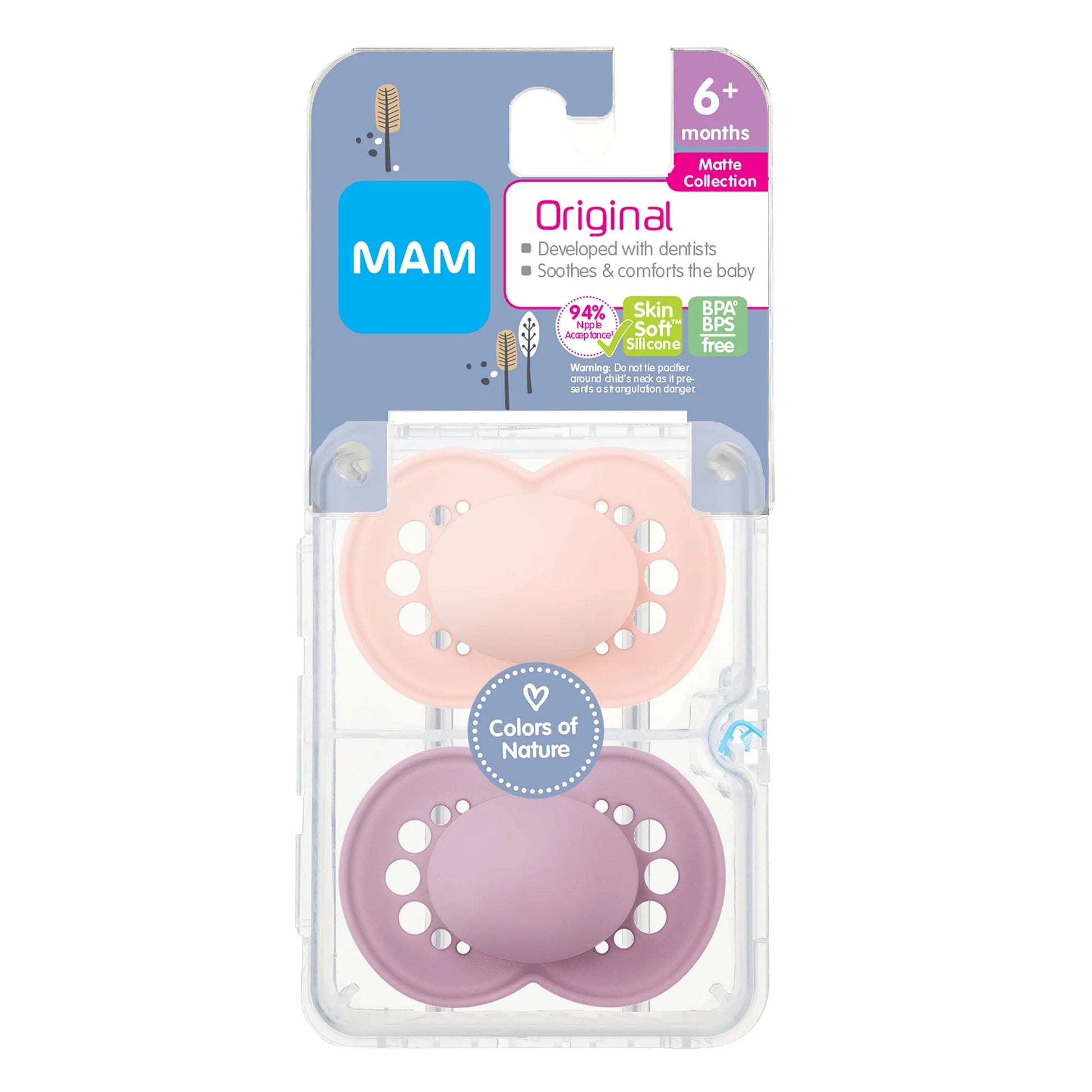 MAM Original Matte Non-Deco Pacifiers for Girls - 6-16 Months, 2 Pack
