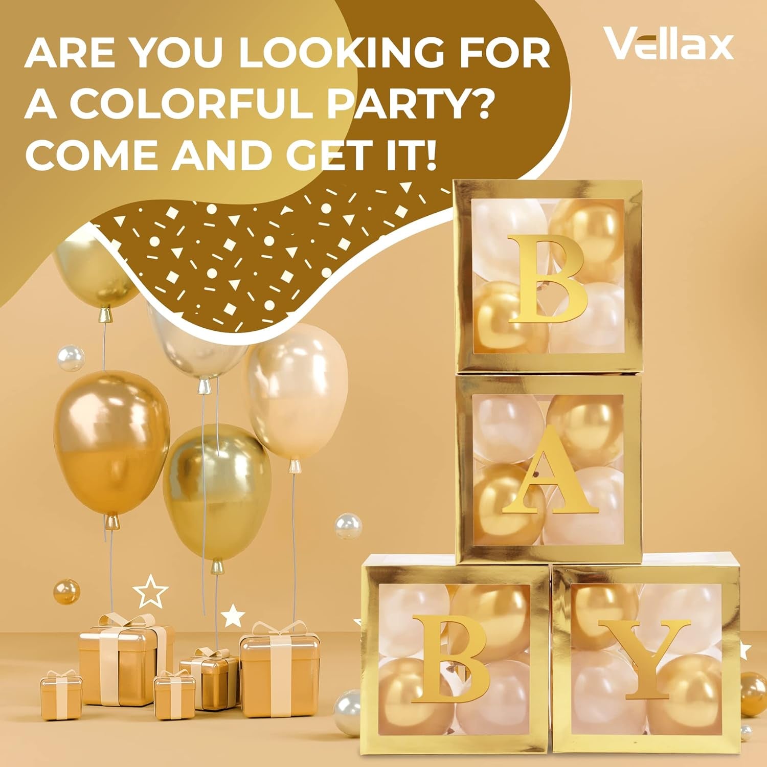 Celebrate in Style with the Vellax 44-Piece Baby Shower Decoration Set – Featuring 32 Elegant Gold & White Balloons, 4 Charming Gold Blocks, and 8 Delightful Letters!