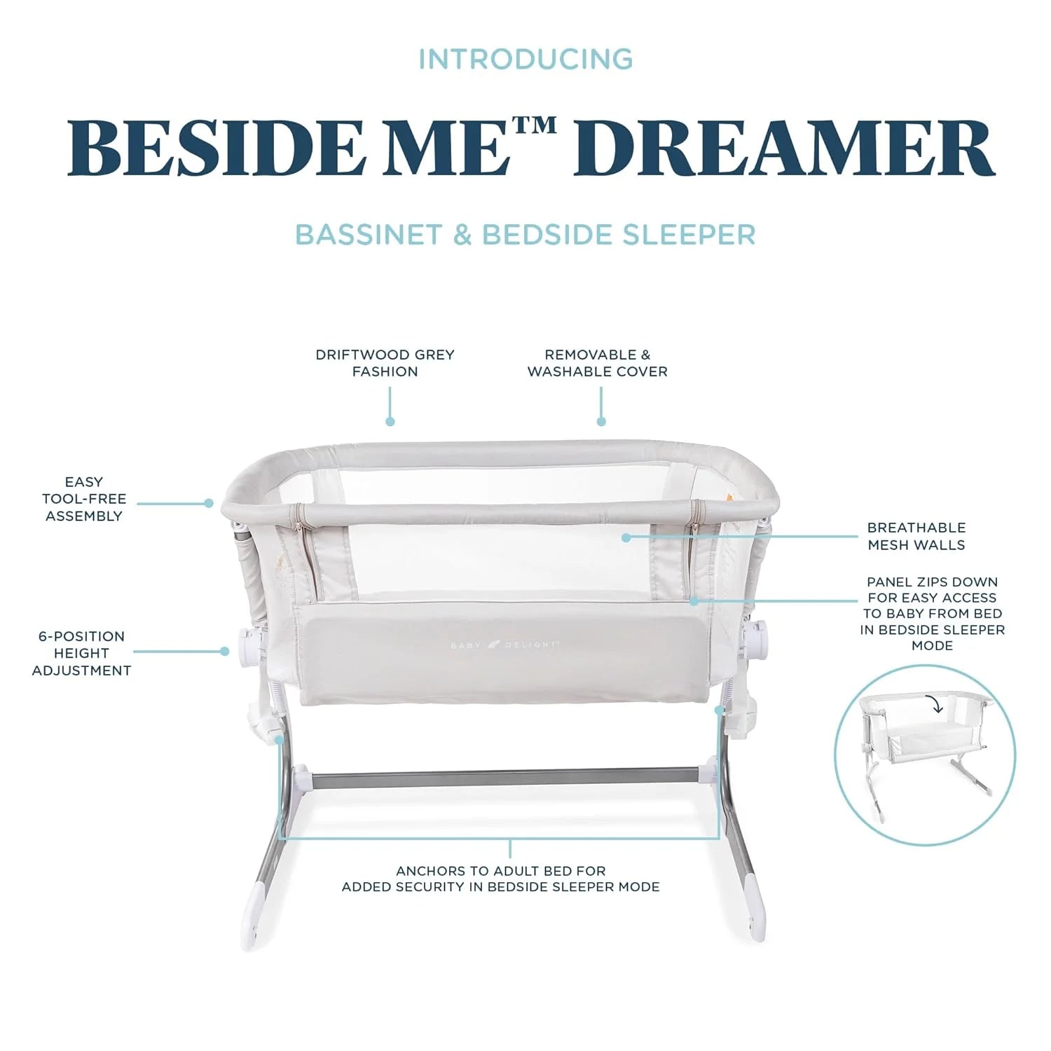 Baby Delight 3-in-1 Beside Me Dreamer Bassinet _ Driftwood Gray/Premium Beside Sleeper for Newborns, Adjustable &Portable Design
