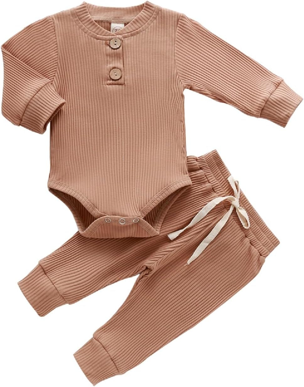 Adorable Ribbed Knitted Cotton Long Sleeve Romper & Pants Set for Newborns - Perfect Fall & Winter Outfit for Baby Boys & Girls