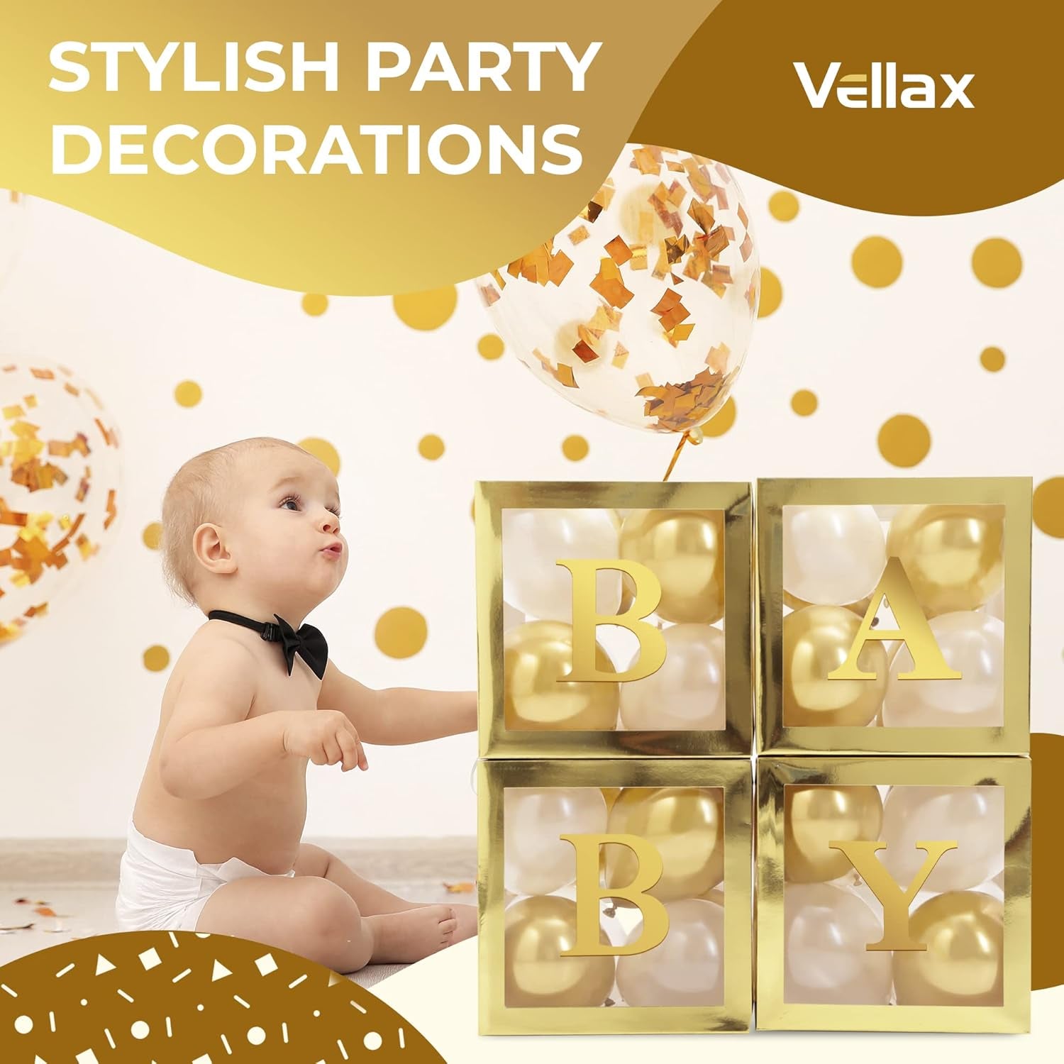 Celebrate in Style with the Vellax 44-Piece Baby Shower Decoration Set – Featuring 32 Elegant Gold & White Balloons, 4 Charming Gold Blocks, and 8 Delightful Letters!