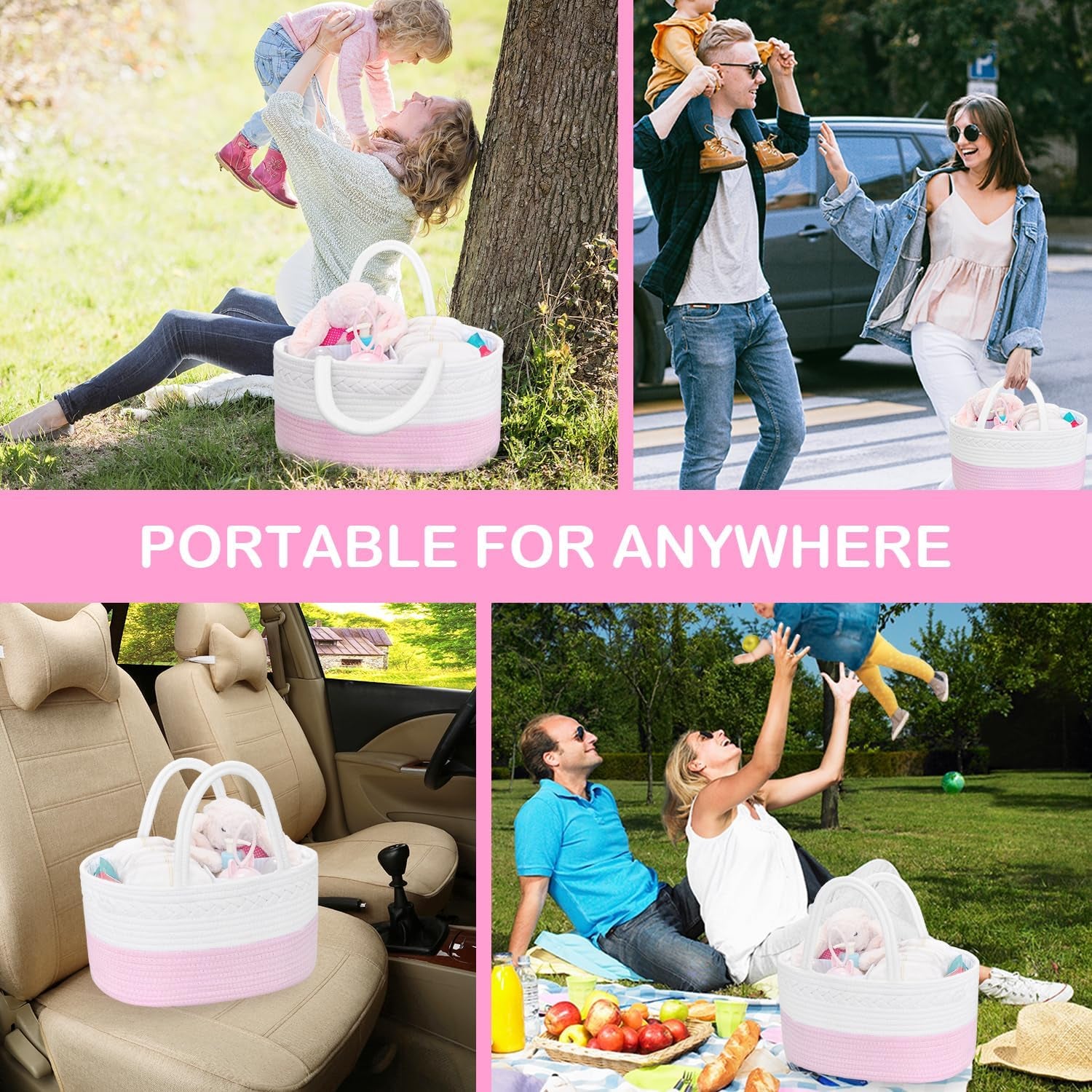 Diaper Caddy Organizer - Cotton Rope Nursery Storage Basket for Baby Essentials, Boys & Girls Shower Gift, Changing Table Organizer, Pink