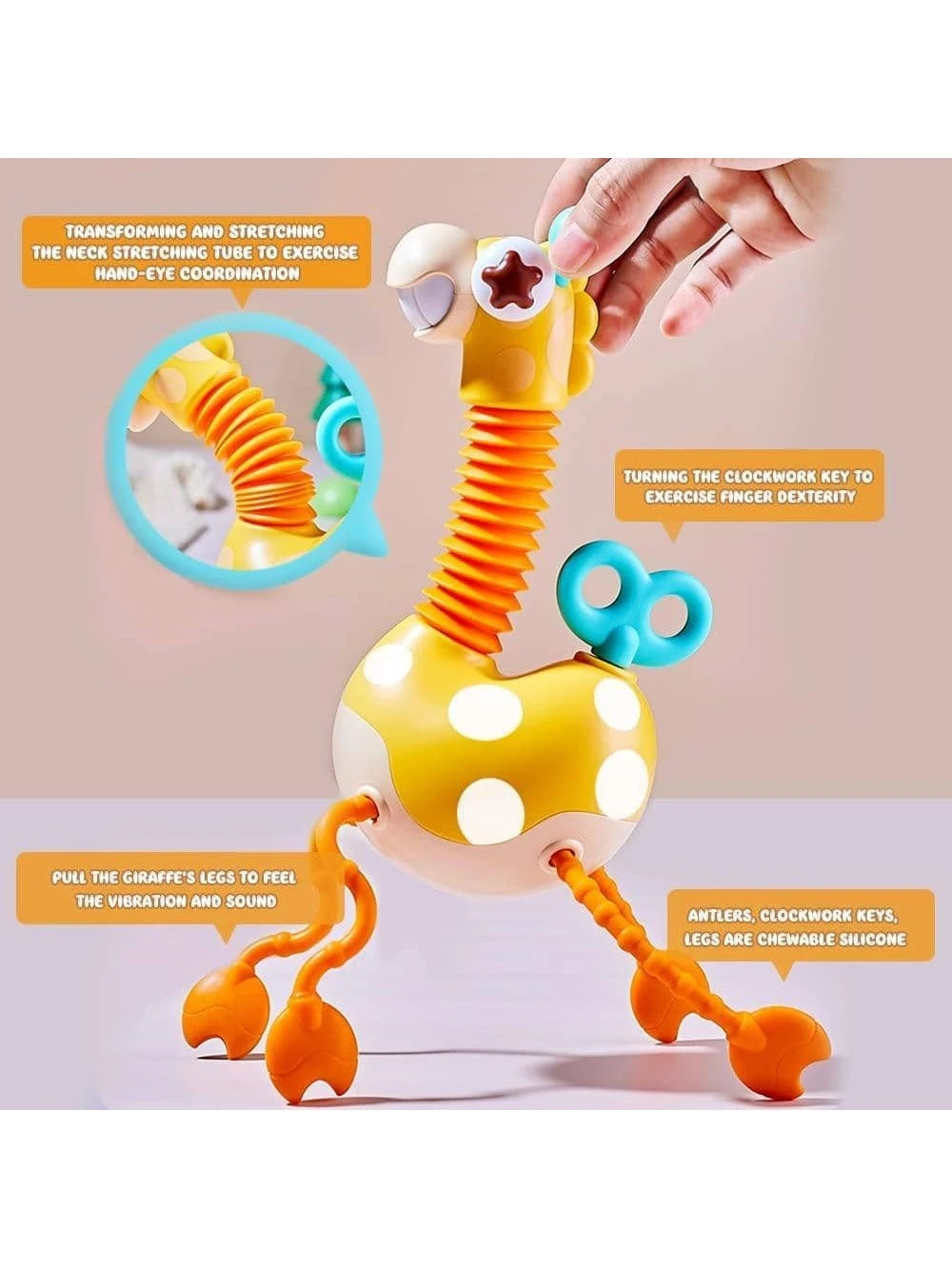 VATOS Baby Sensory Toys Montessori Safe Silicone Pull String Activity Toy Giraffe Toy with Twisting Clockwork & Neck Pop Tube for Fine Motor Skills Travel Toys for Babies Infants Toddlers 18M+