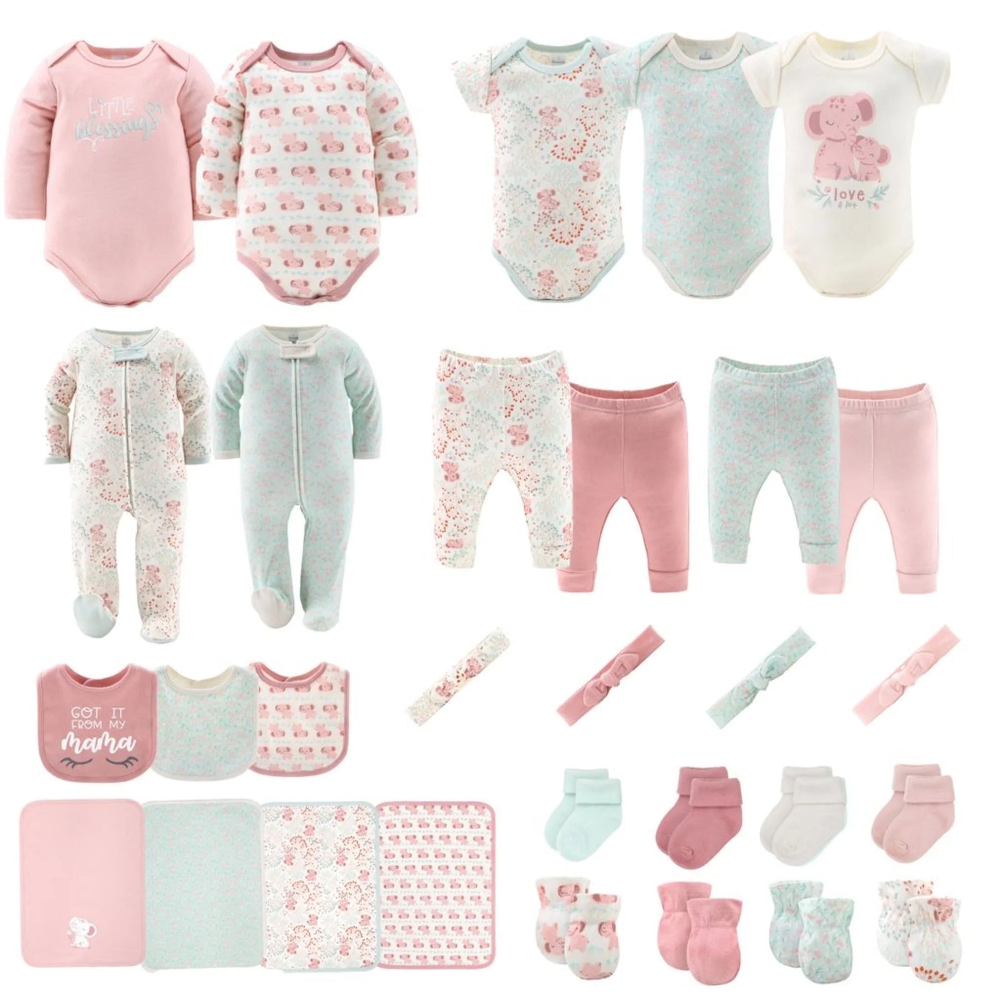 Pink Floral Elephant Newborn Layette Gift Set - 30 Essential Pieces for 0-3 Months