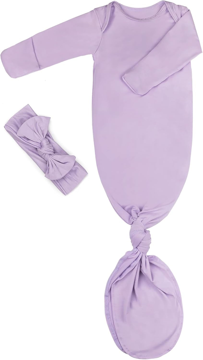 Ultra-Soft Newborn Knotted Gown with Matching Hat - Cozy Long Sleeve Sleeper for Baby Boys and Girls