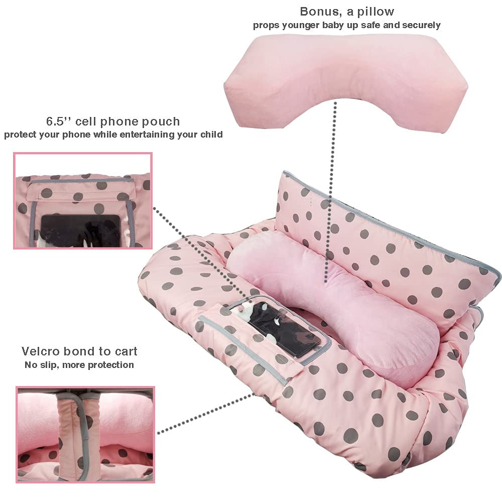 Cozy Pink Shopping Cart & High Chair Cover-Soft, Reversible Seat Liner with Toy Loops & Phone Pocket for Baby's Safety & Parent's Convenience. with Supportive Seat Positioner for Babies and Toddlers