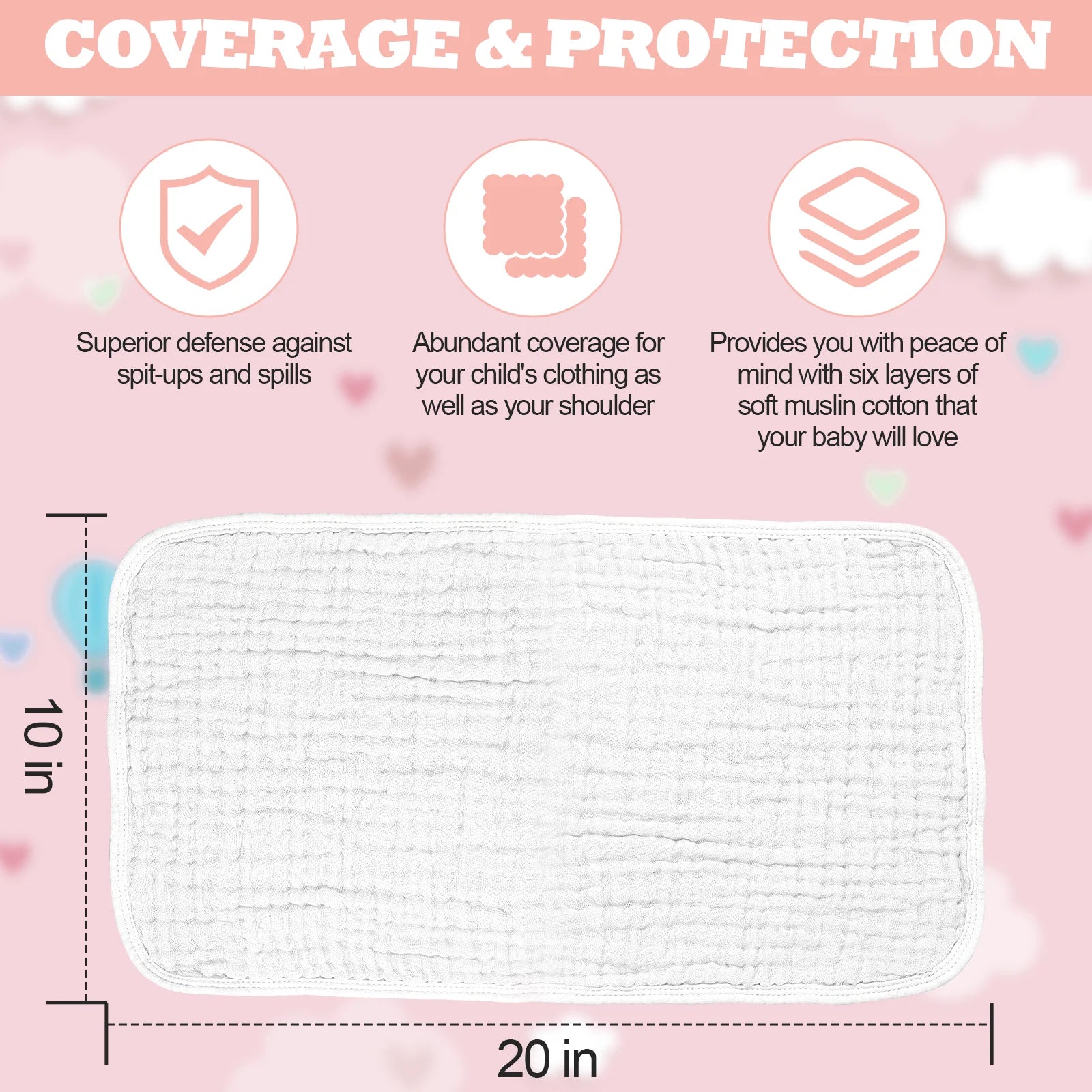 Ultra Soft Absorbent Muslin Baby Burp Cloths - 6 Pack White, 50x25cm