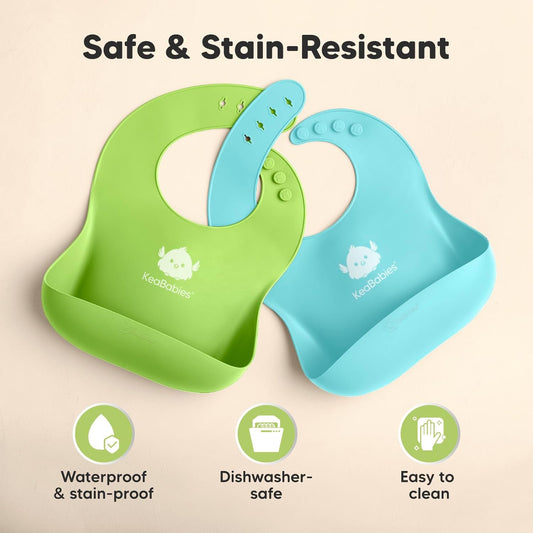 Keababies 2-Pack Waterproof Silicone Baby Bibs - Easy Clean & Large Food Catcher for Boys & Girls (Cloud Nine)
