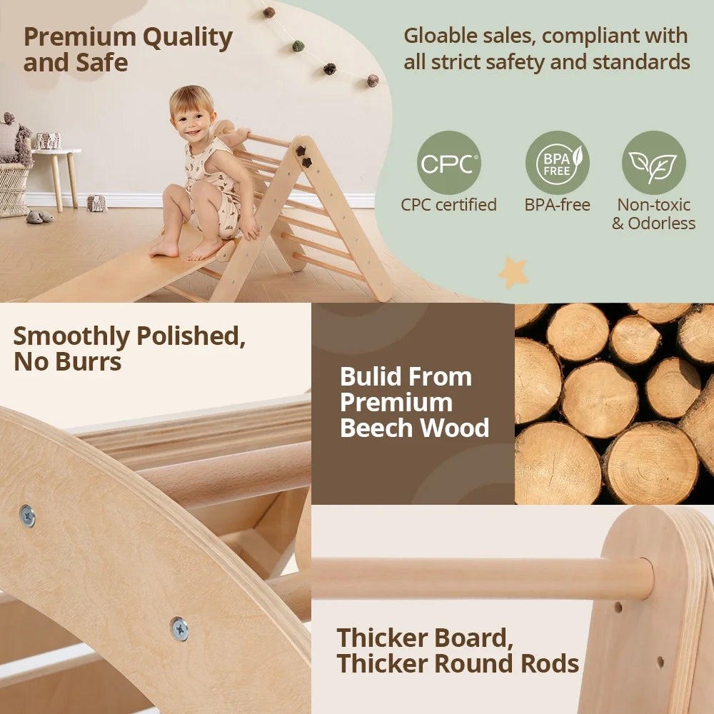 8-in-1 Montessori Climbing Set- Wooden Jungle Gym with Arch, Ramp, Ladder, Tent & Cushion