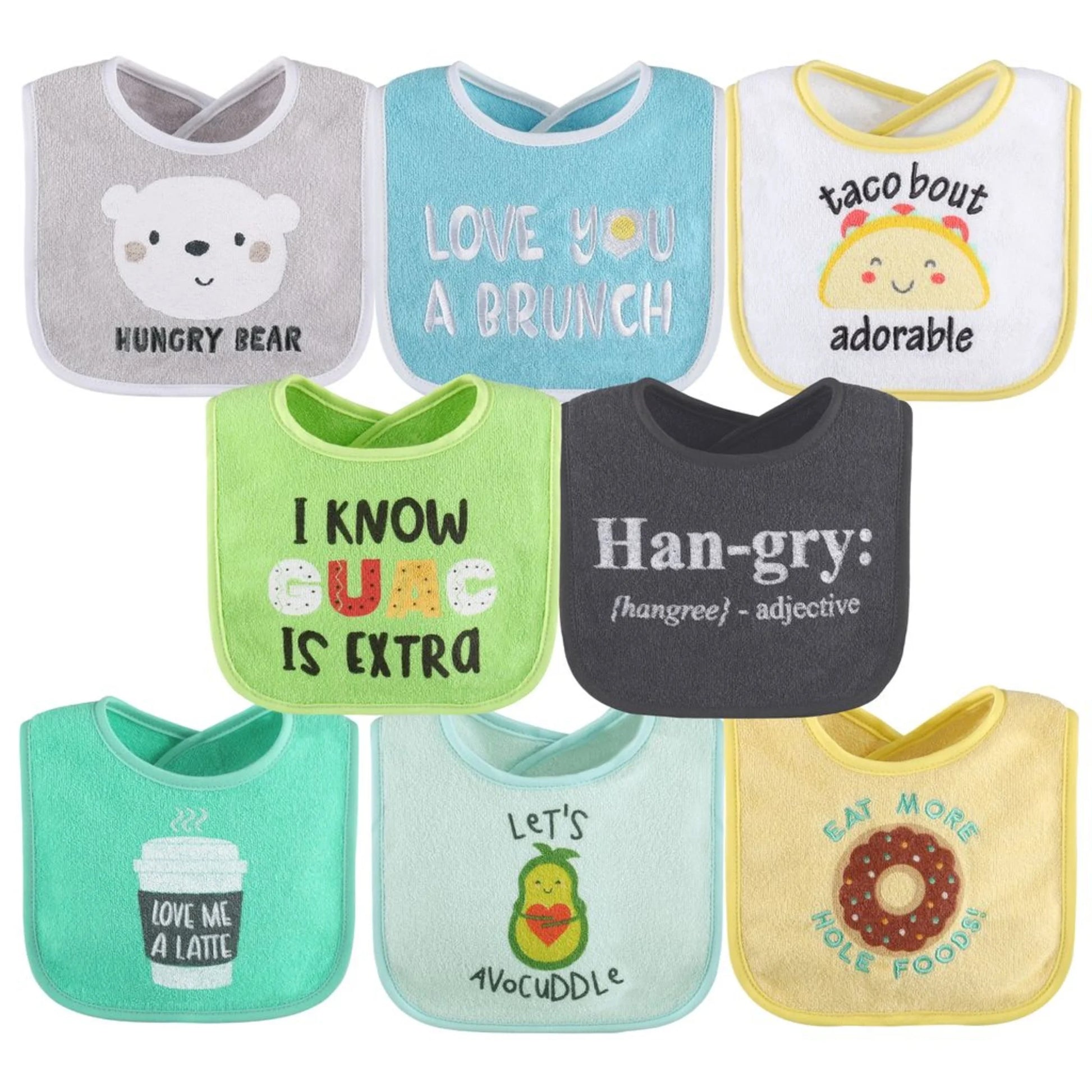 8-Pack Cotton Baby Bibs for Girls & Boys - Vibrant Green, Blue & Yellow Designs