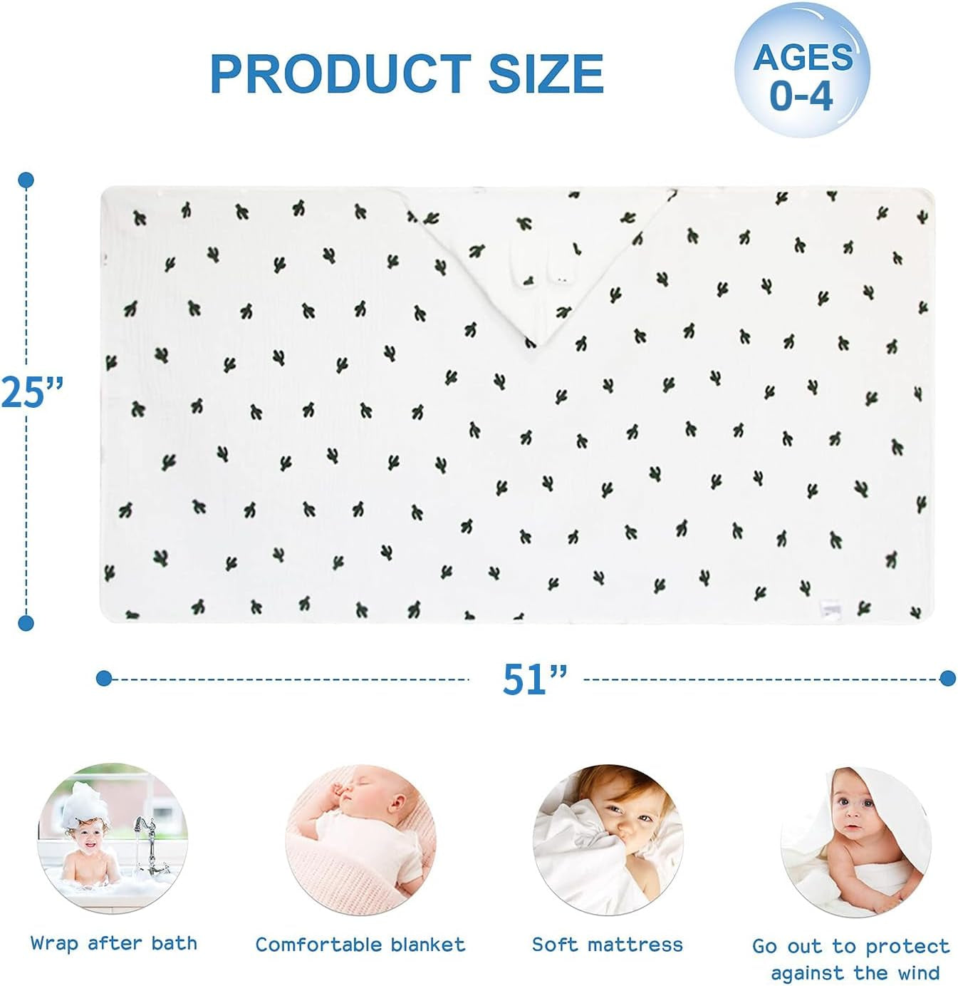 Organic Cotton Hooded Towel for Kids - Soft, 6 - Layer Gauze, Cactus Design.