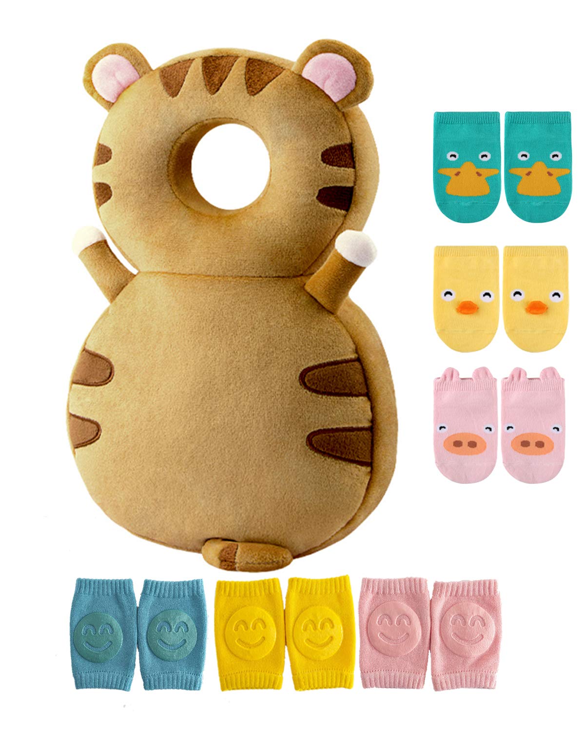 Toddler Baby Head Protector Backpack for Toddler Walker with Knee Pads&Anti-Slip Socks, Elephant