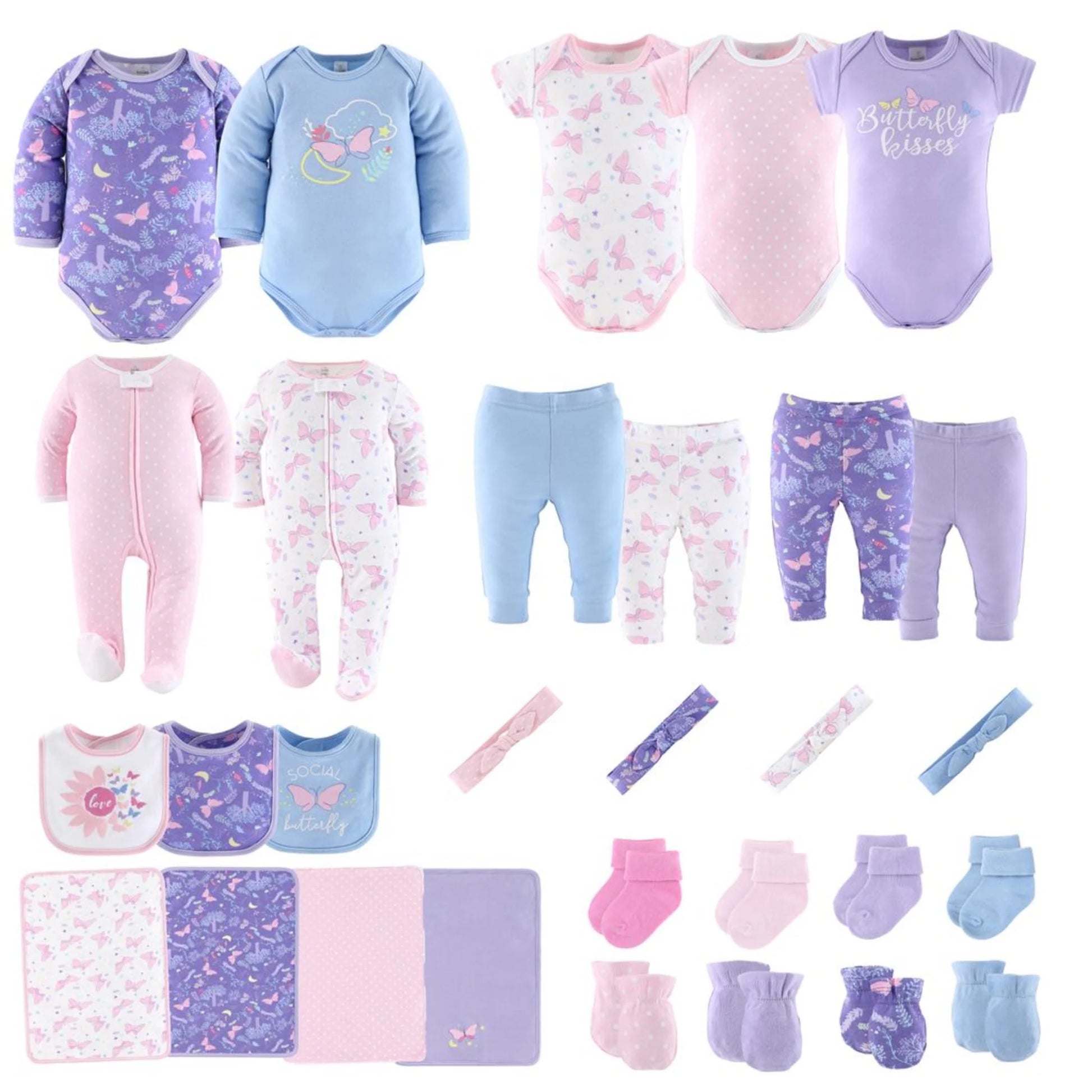 Peanutshell Newborn Layette Gift Set for Girls - 30 Essential Pieces in Purple Pink Butterfly Design, Perfect for 0-3 Months