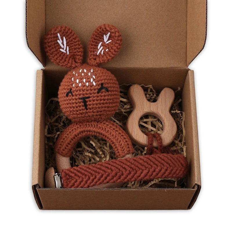Handmade Crochet Bunny Teether Set- 3PCS Soft & Safe/Natural Beech Wood Baby Rattles
