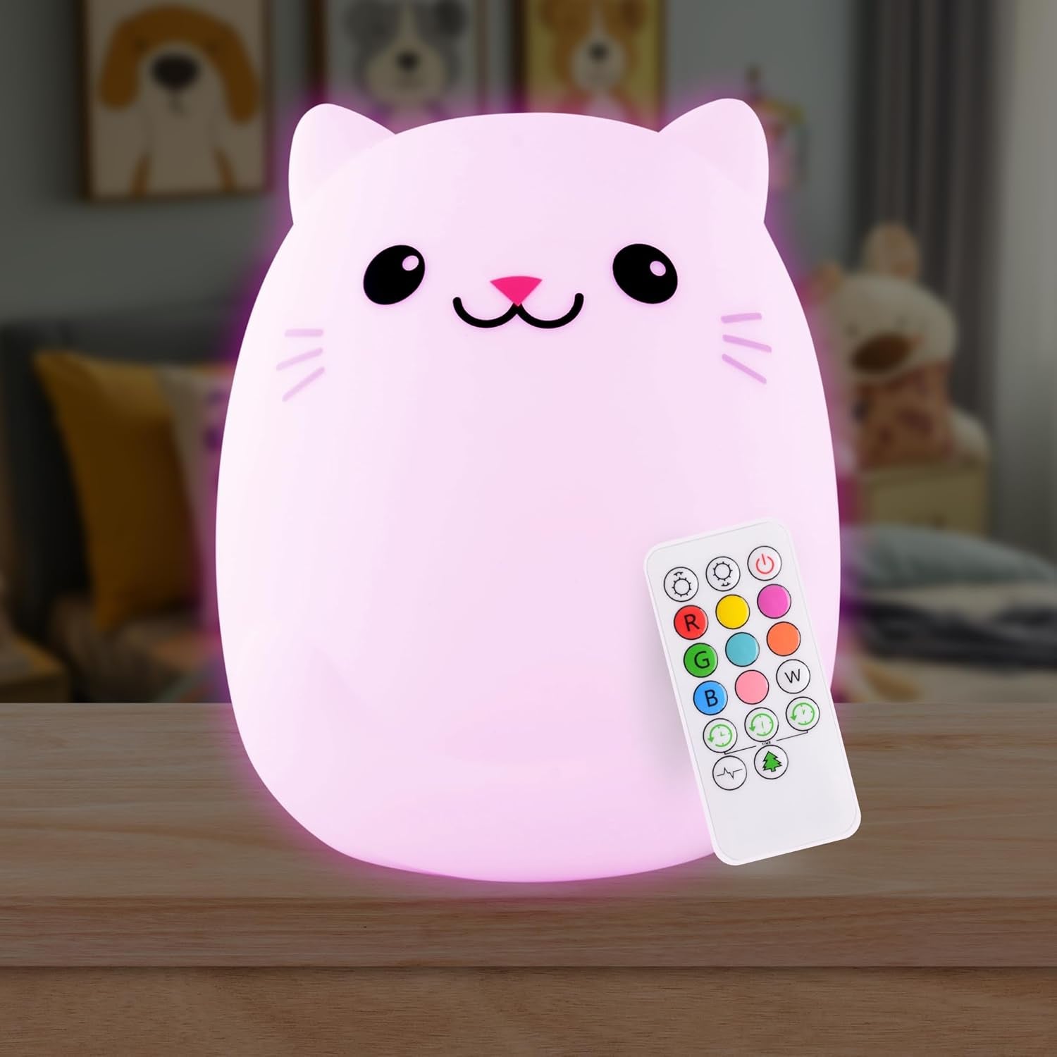 Remote Control Silicone Night Light for Children - Cat Design with 9 Soft Color Options & Sleep Timer - Rechargeable, Battery-Operated Lamp for Bedrooms and Nurseries