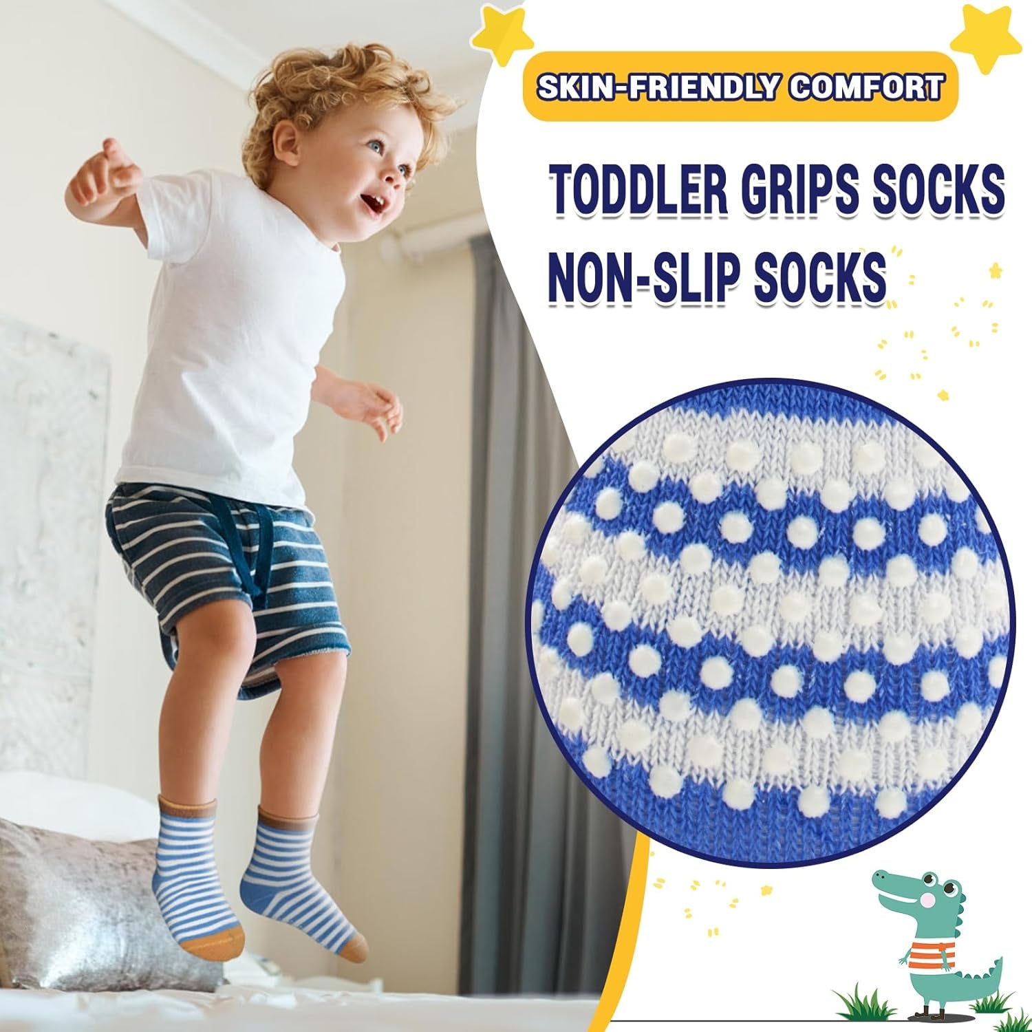 Cozy & Colorful Anti-Slip Toddler Socks - 12 Pairs of Non-Skid Cotton Grip Socks for Boys & Girls (1-7 Years)
