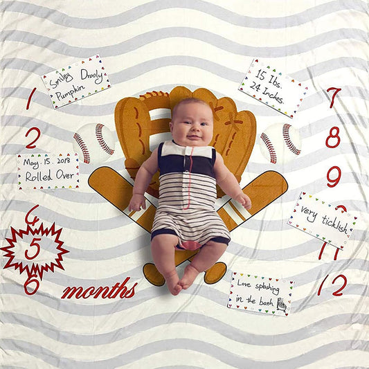 Baseball-Themed Baby Milestone Blanket - 40x50 Inch Soft Cotton Swaddle with Monthly Tracker & Photo Props- Ideal for Sports-Loving Parents.