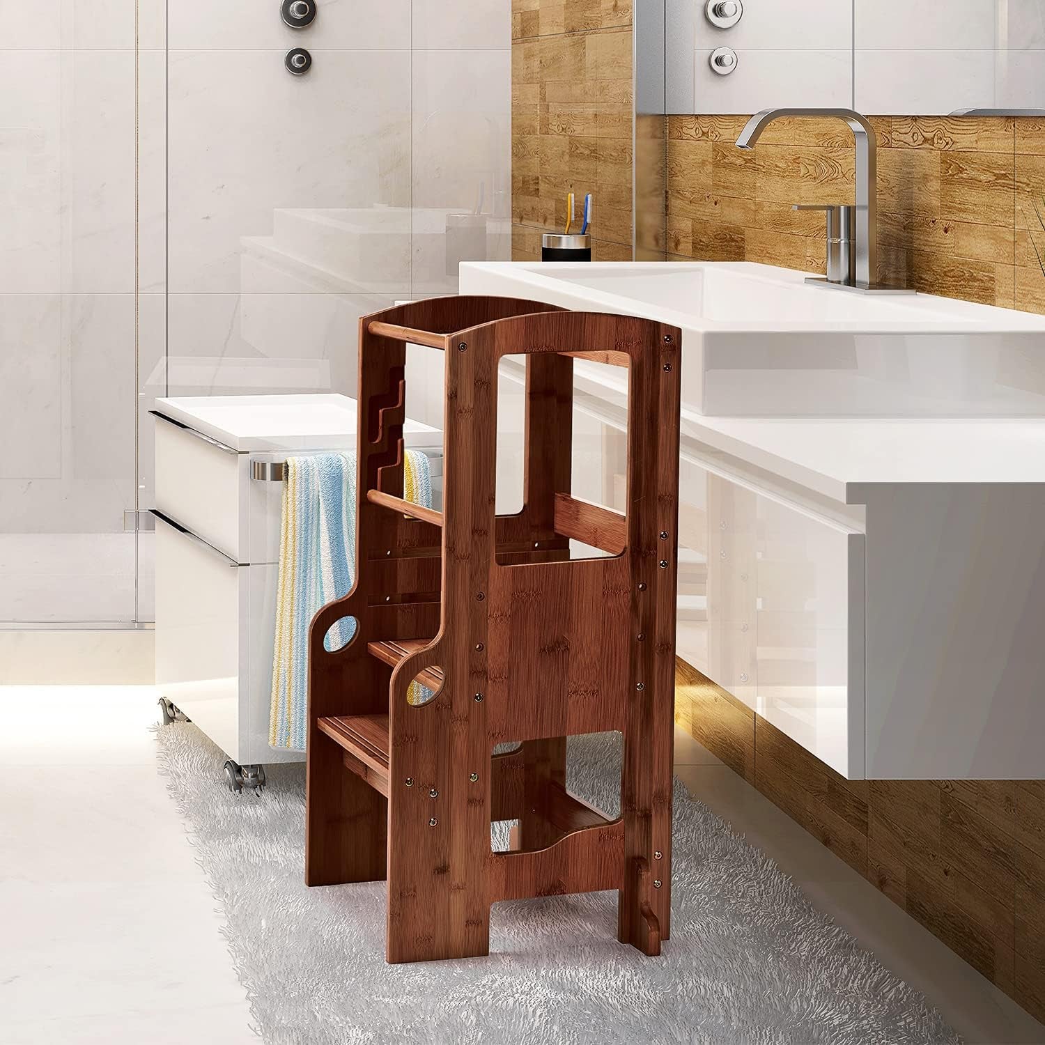 Adjustable Bamboo Step Stool for Toddlers - Safe & Sturdy Kitchen Ladder in Antique Brown