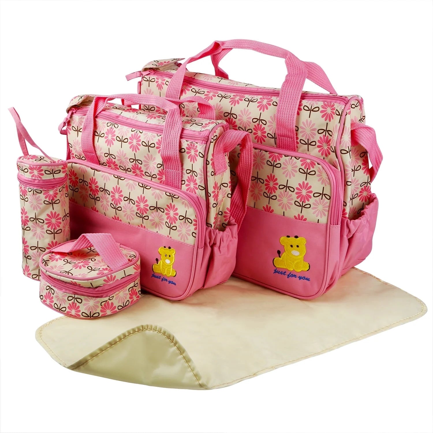 Imountek Stylish Baby Diaper Tote Set - 5 Piece Insulated Nappy Messenger Bag with Handbag & Food/Bottle Bag in Pink