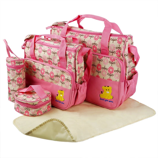 Imountek Stylish Baby Diaper Tote Set - 5 Piece Insulated Nappy Messenger Bag with Handbag & Food/Bottle Bag in Pink
