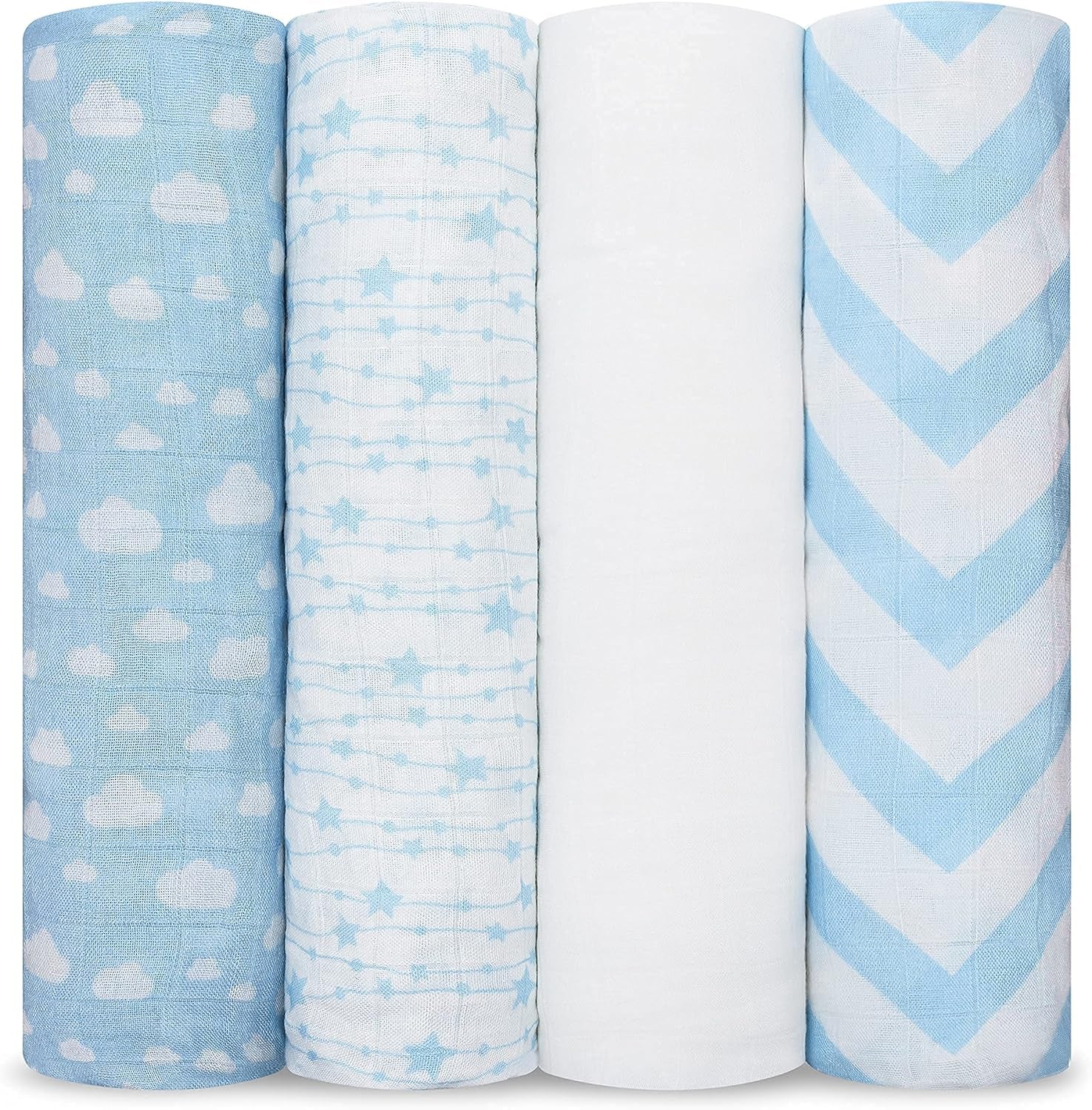 Comfy Cubs Pack of 4 Muslin Swaddle Blankets - Soft Cotton Baby Wraps for Newborns, 47x47 Inches, Perfect for Self-Soothing - Blue