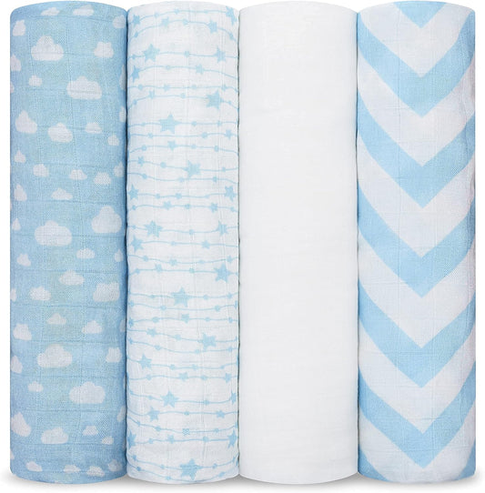 Comfy Cubs Pack of 4 Muslin Swaddle Blankets - Soft Cotton Baby Wraps for Newborns, 47x47 Inches, Perfect for Self-Soothing - Blue