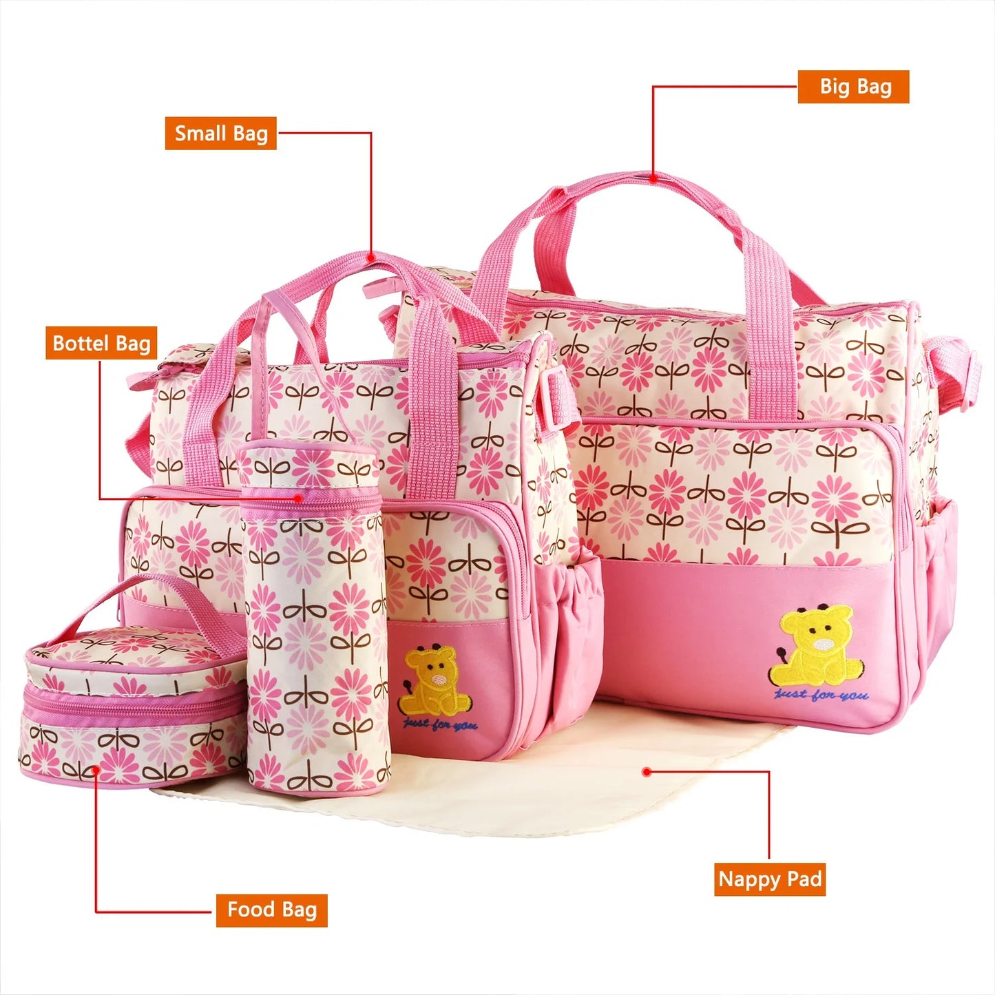 Stylish Diaper Bag Tote for Boys & Girls - 5-Piece Multifunctional Mommy Bag with Shoulder Strap - Large Size