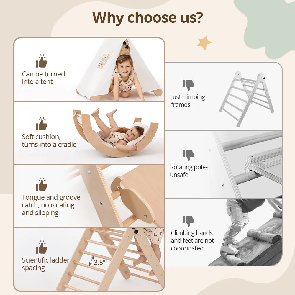 8-in-1 Montessori Climbing Set- Wooden Jungle Gym with Arch, Ramp, Ladder, Tent & Cushion