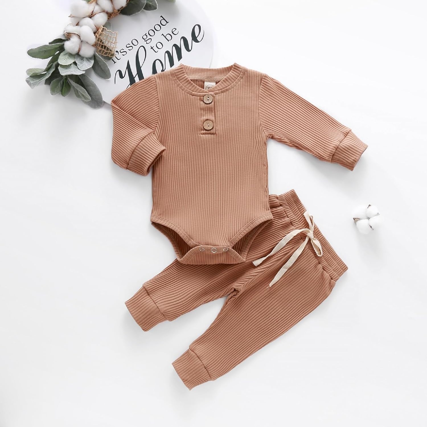 Adorable Ribbed Knitted Cotton Long Sleeve Romper & Pants Set for Newborns - Perfect Fall & Winter Outfit for Baby Boys & Girls
