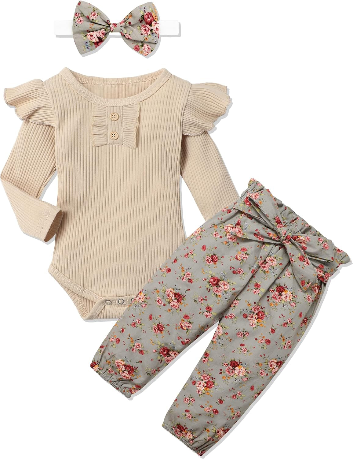Adorable 3-Piece Newborn Baby Girl Outfit: Ruffle Bodysuit, Floral Pants & Matching Headband - Soft Cotton Newborn Set.