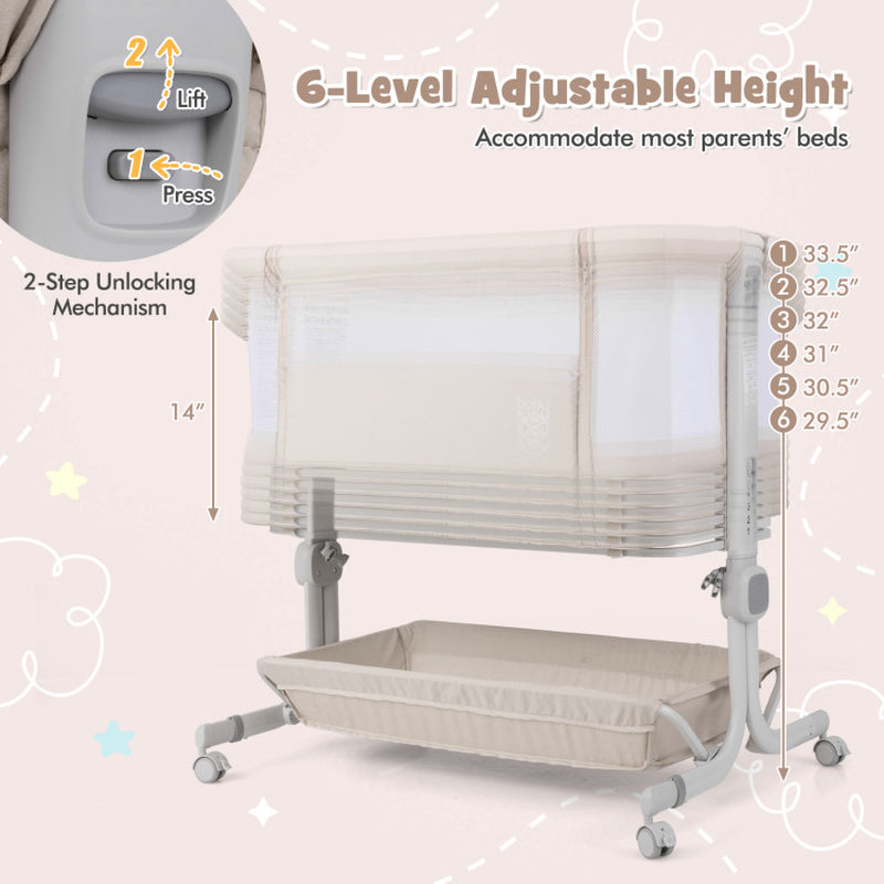 3-in-1 Baby Bassinet Bedside Sleeper with Anti-Reflux Incline & 6-Level Height Adjustment - Cradle, Crib & Bedside Mode (0-6 Month)