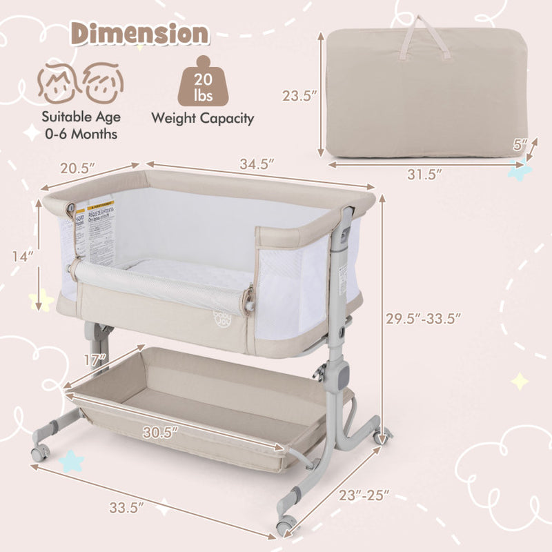 3-in-1 Baby Bassinet Bedside Sleeper with Anti-Reflux Incline & 6-Level Height Adjustment - Cradle, Crib & Bedside Mode (0-6 Month)